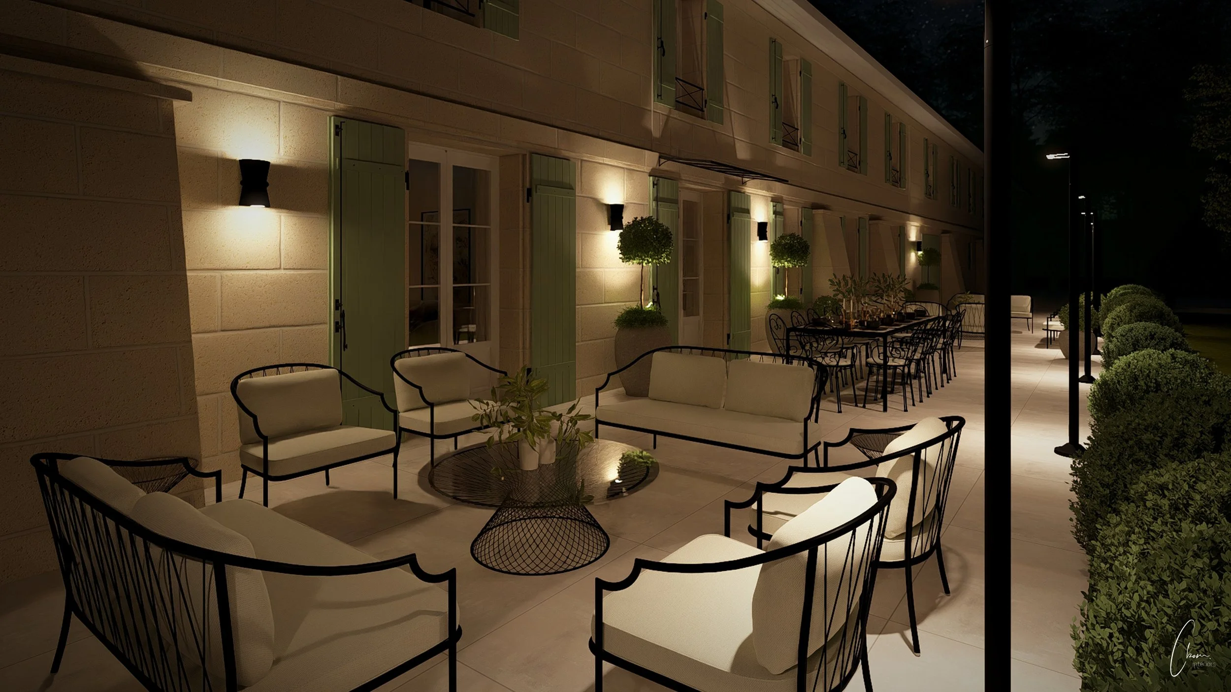 Terrasse extérieure de nuit, éclairage d'ambiance d'une demeure girondine
