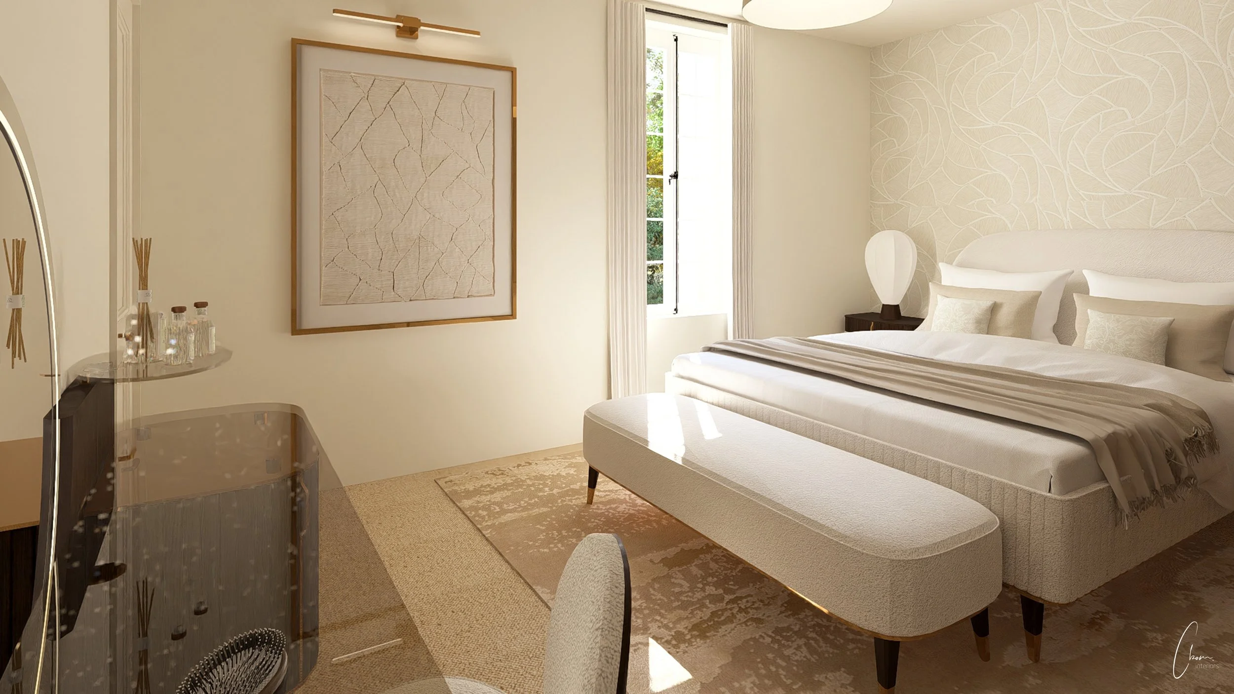 Chambre lumineuse d'une longère près de Libourne, conception 3D d'un projet d'architecture d'intérieur