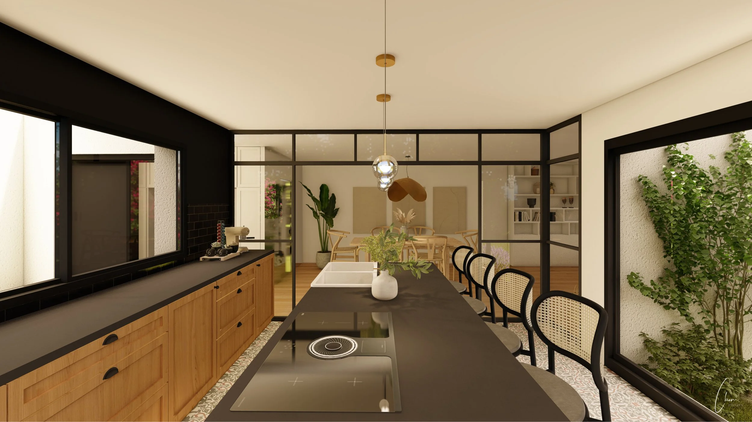 Cuisine ouverte aux tons bois et noir avec grandes baies vitrées, conception 3D d'une maison à Bordeaux