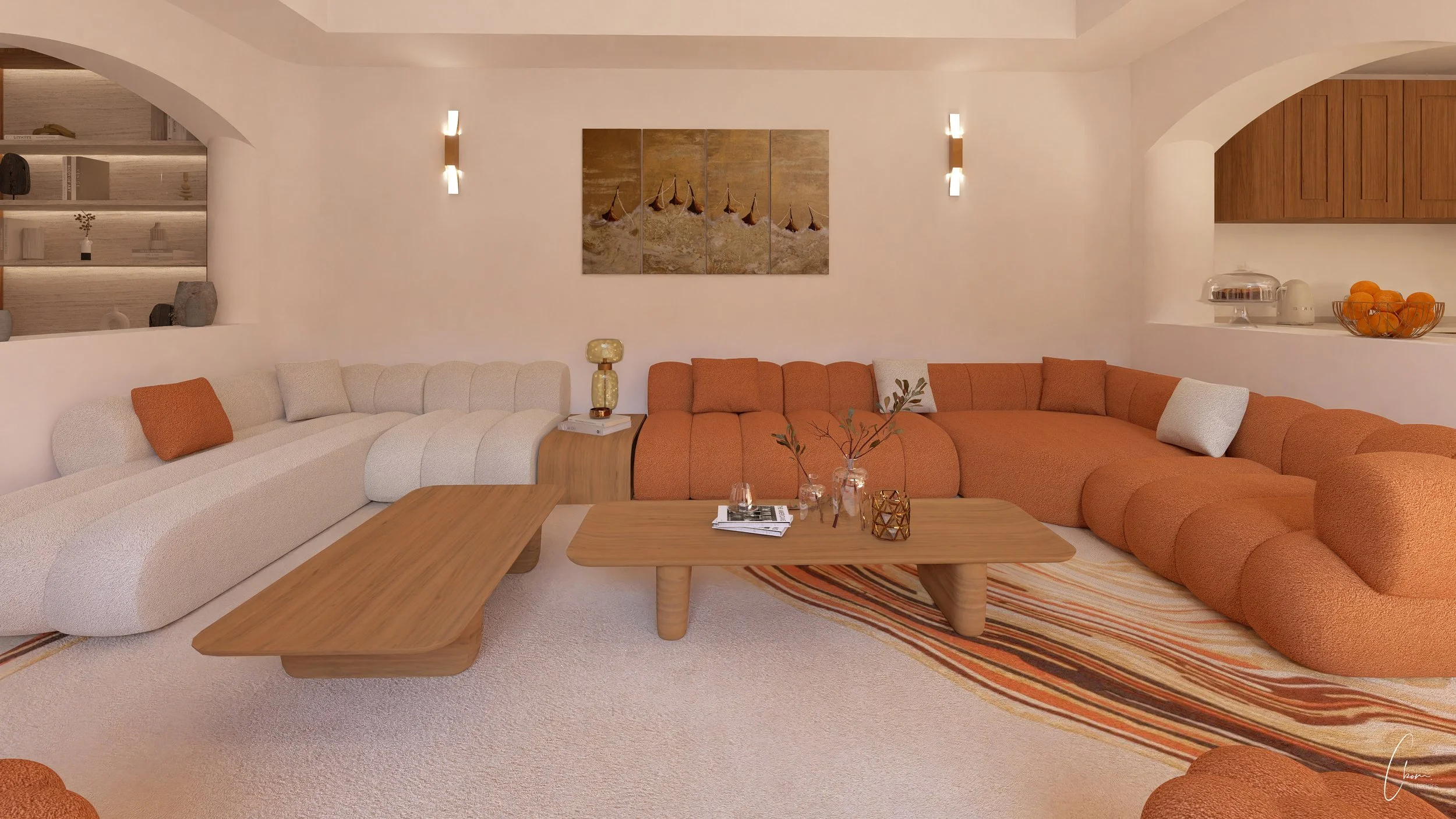 3D rendering of the main lounge in a luxury Kuwait villa, curved sofas in cream and terracotta tones