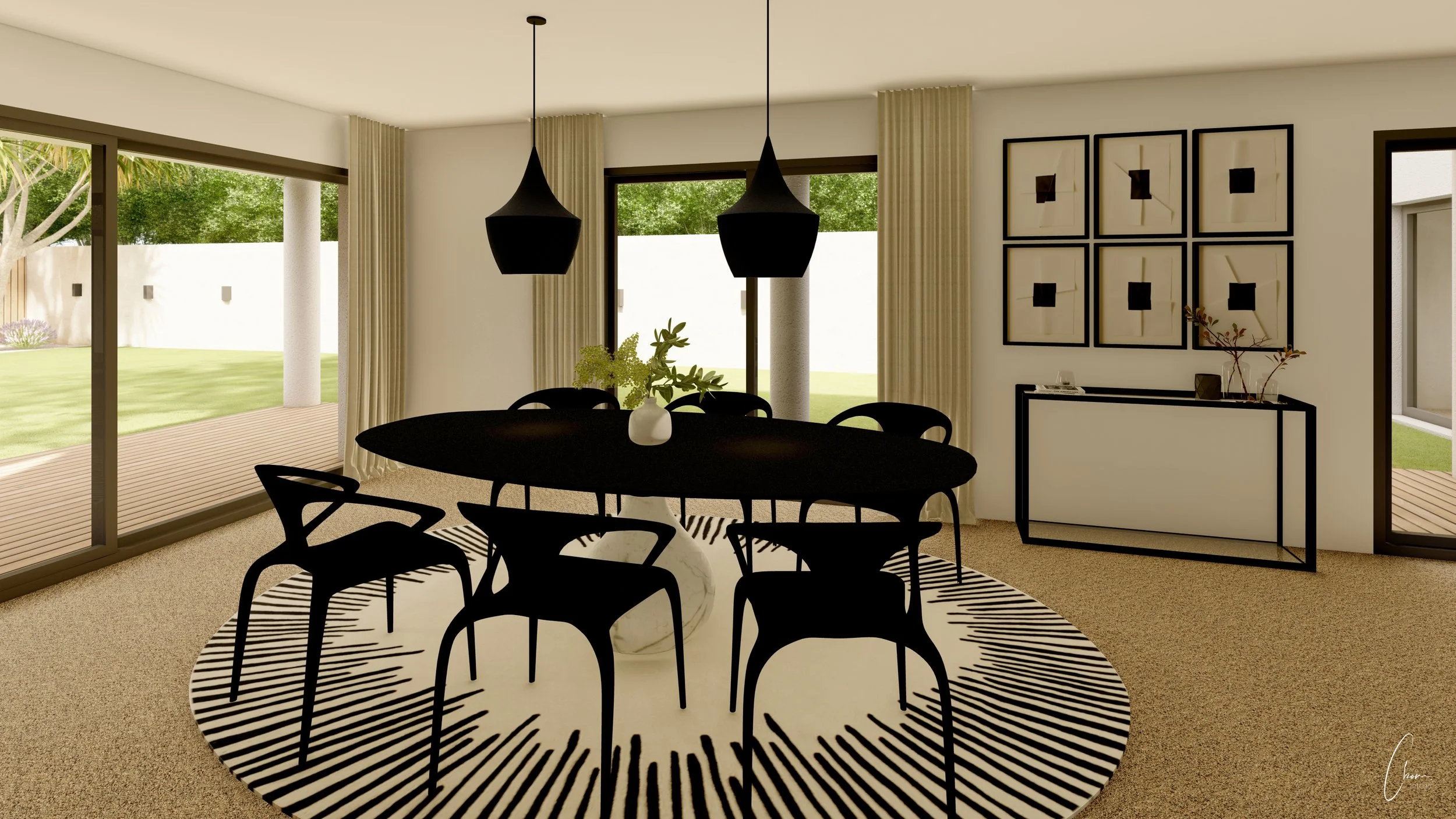 Dining room with oval black table and gallery of artworks, interior architecture of a villa in Caudéran near Bordeaux