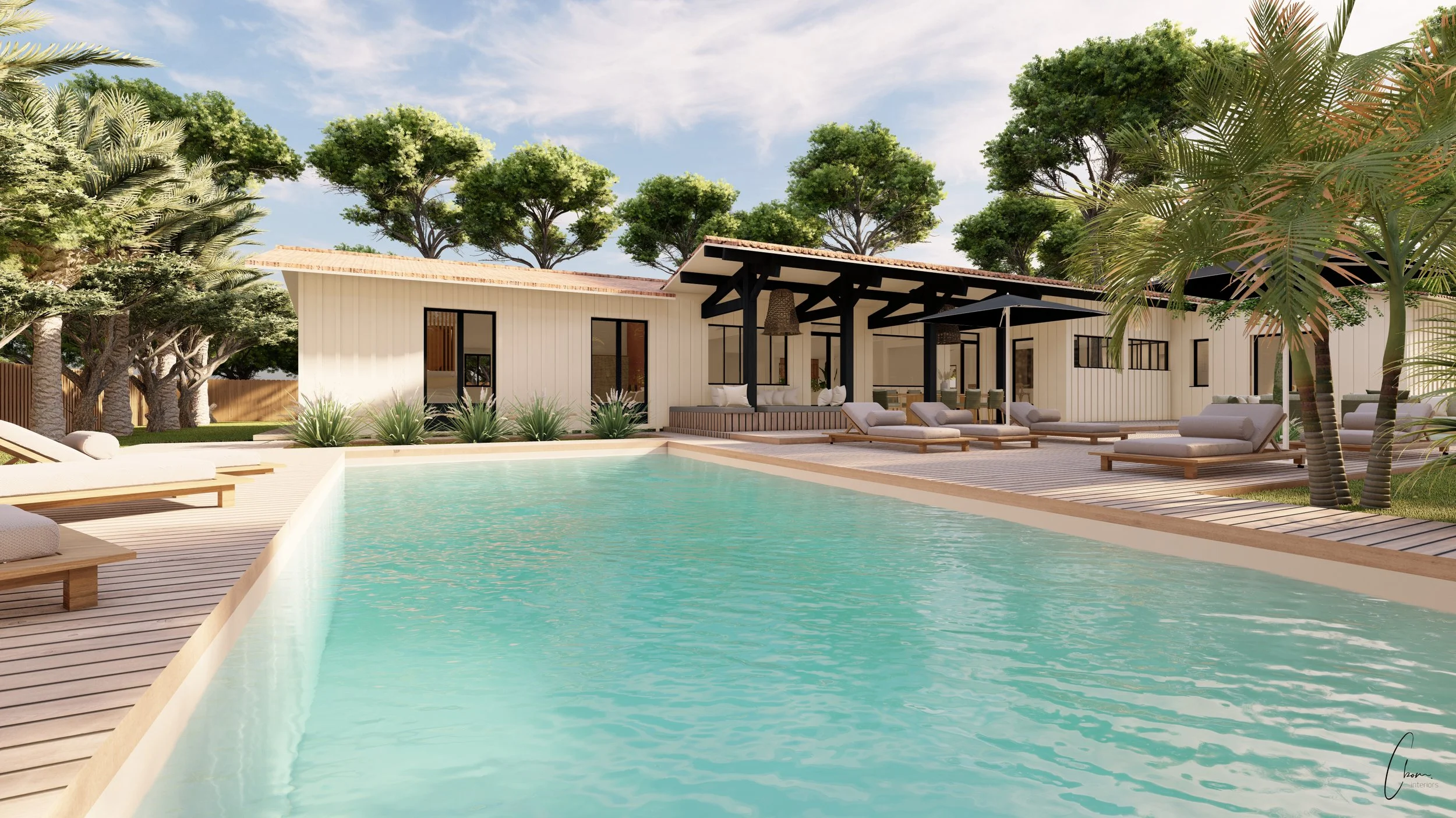 Façade d'une villa de prestige ouverte sur le jardin paysager, rendu 3D d'un projet au Cap Ferret