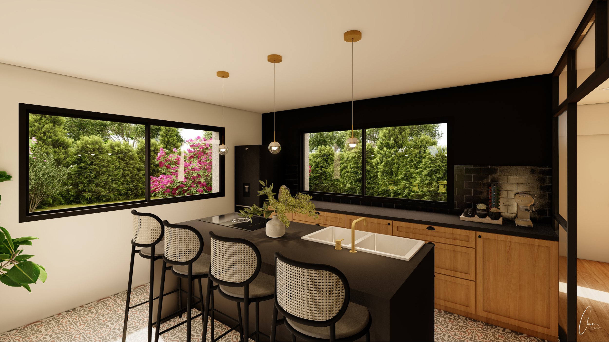 Rendu 3D d'une cuisine avec îlot central et tabourets en cannage, maison neuve à Bordeaux ouverte sur la végétation
