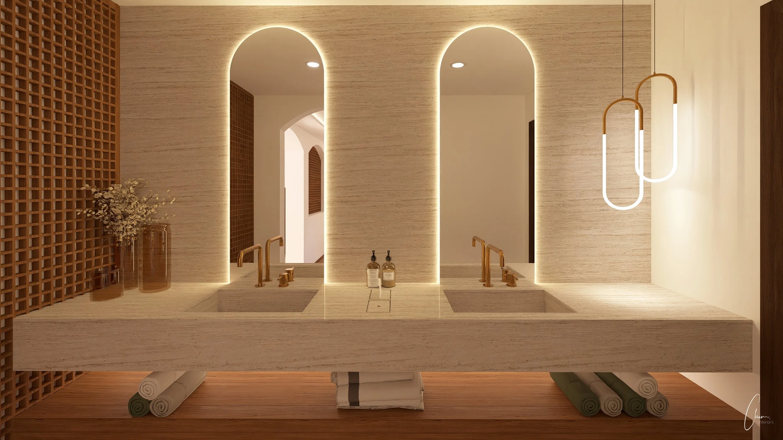 3D rendering of a travertine powder room, double vanity and backlit arched mirrors