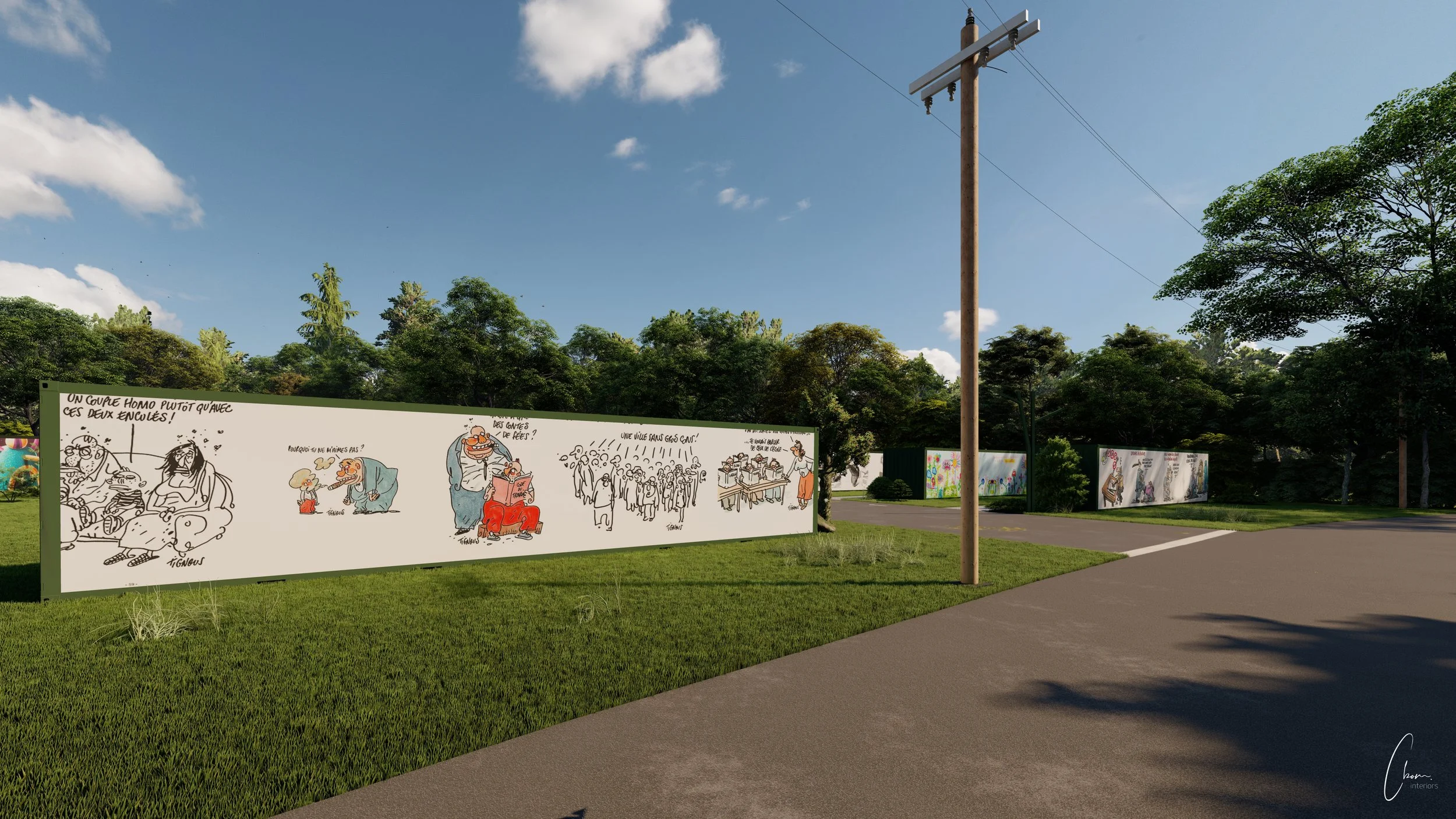 Allée du parc bordée de conteneurs ornés de fresques de bande dessinée, projet d'aménagement extérieur à Limoges