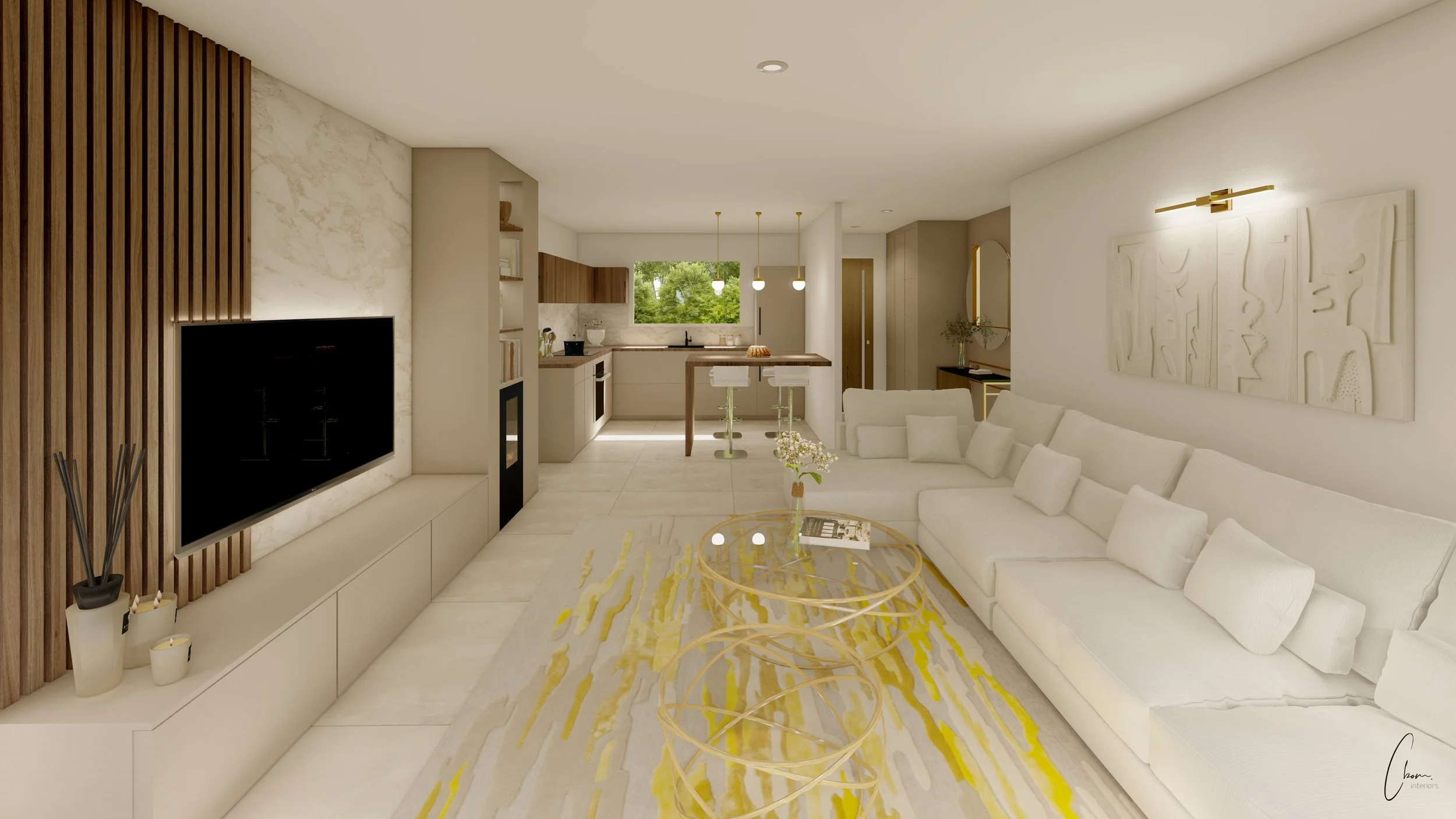 Rendu 3D d'une pièce de vie ouverte avec salon, cuisine et coin repas, projet d'architecture d'intérieur aux tons neutres