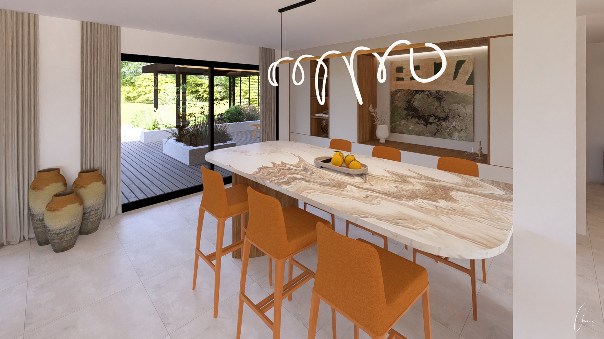 Bright dining room with stone table, interior design opening onto the garden