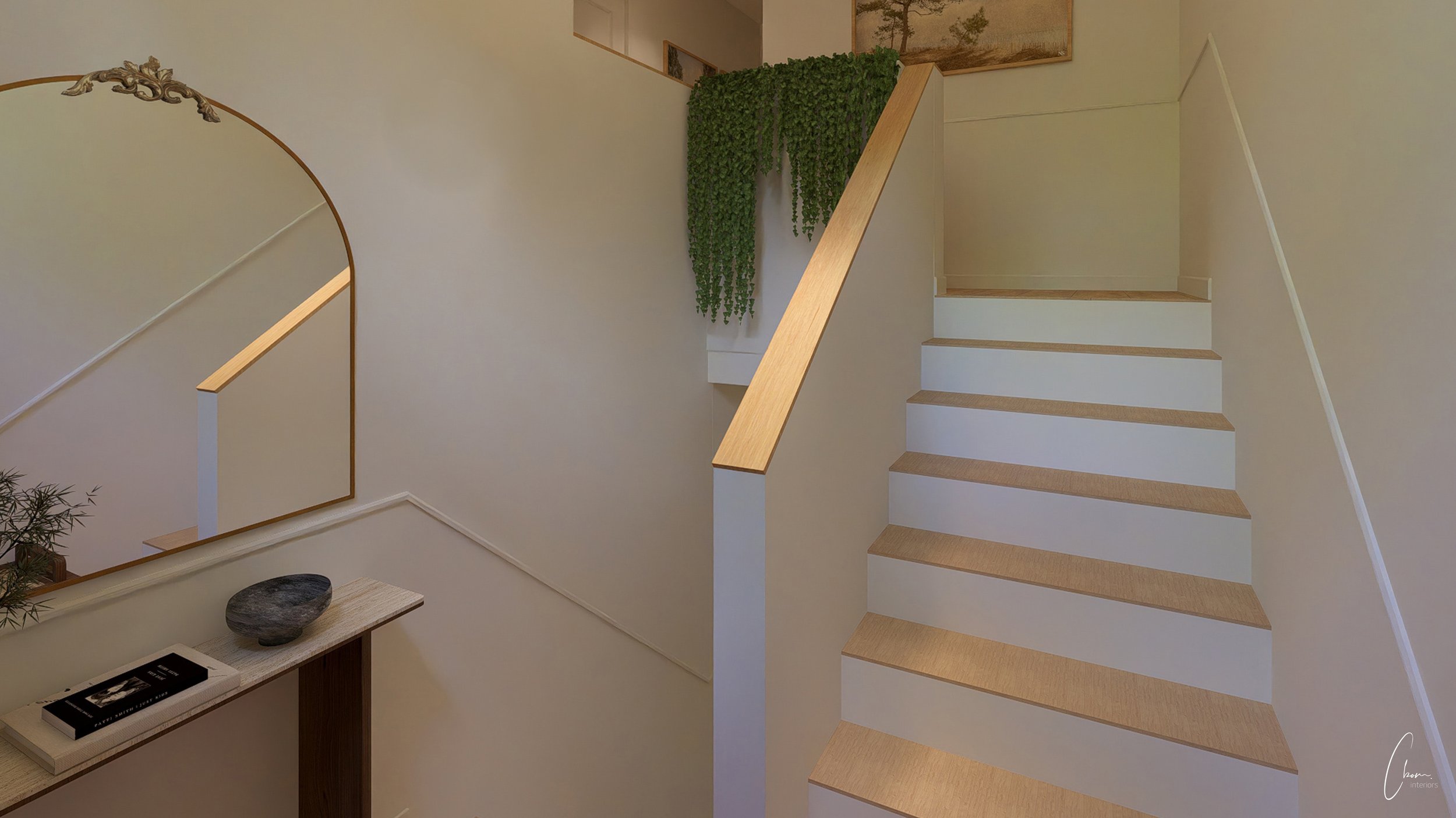 3D rendering of a light wood staircase, contemporary Arcachon Bay home