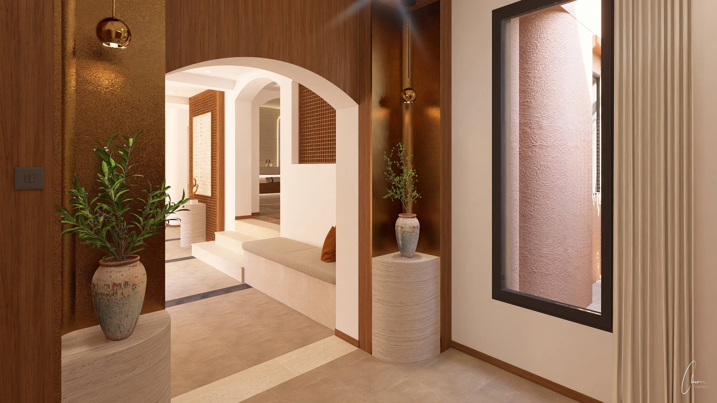 Luminous hallway in a luxury villa, harmony of raw and refined materials