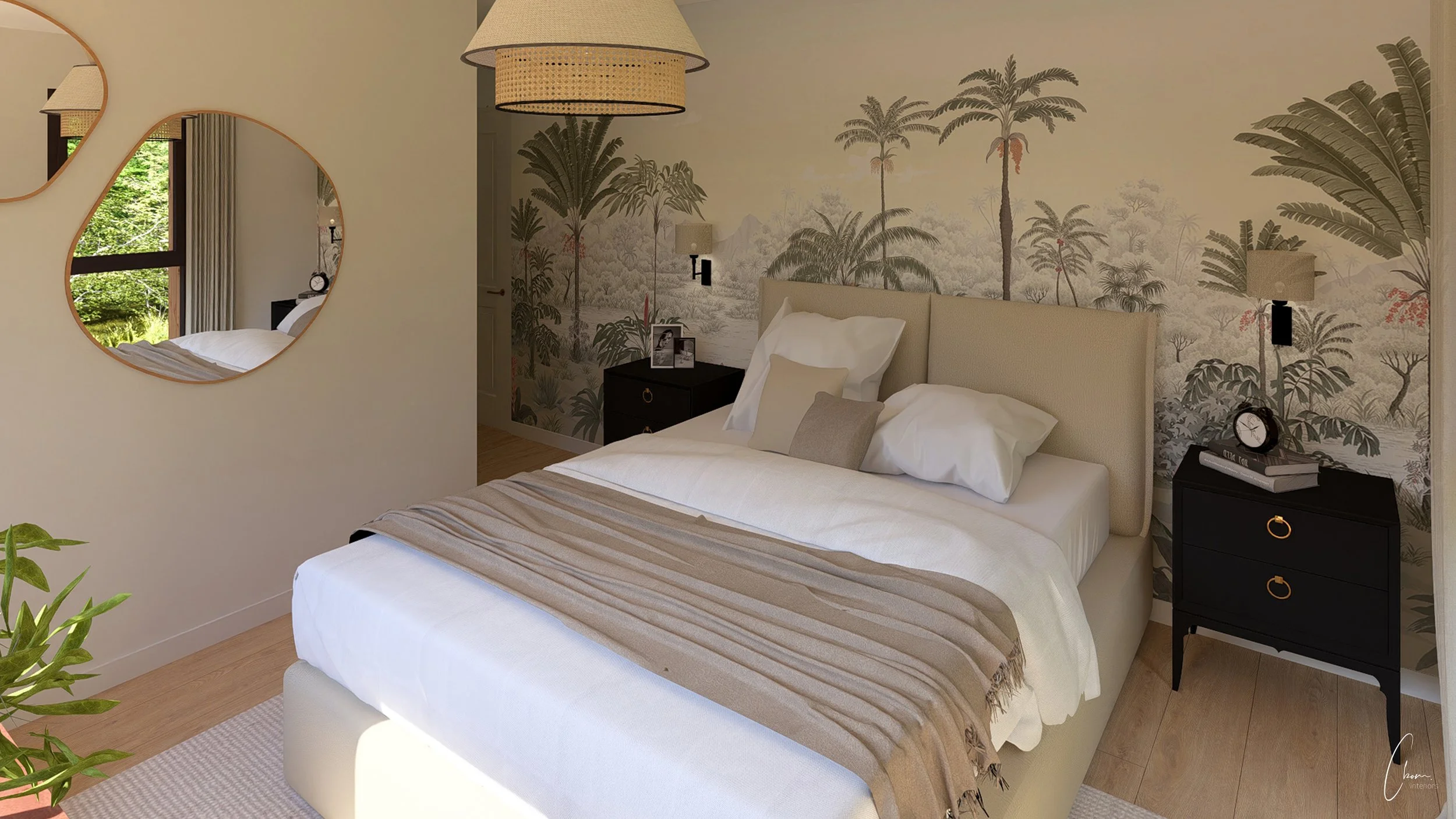Rendu 3D d'une chambre aux papiers peints tropicaux, maison du Bassin d'Arcachon