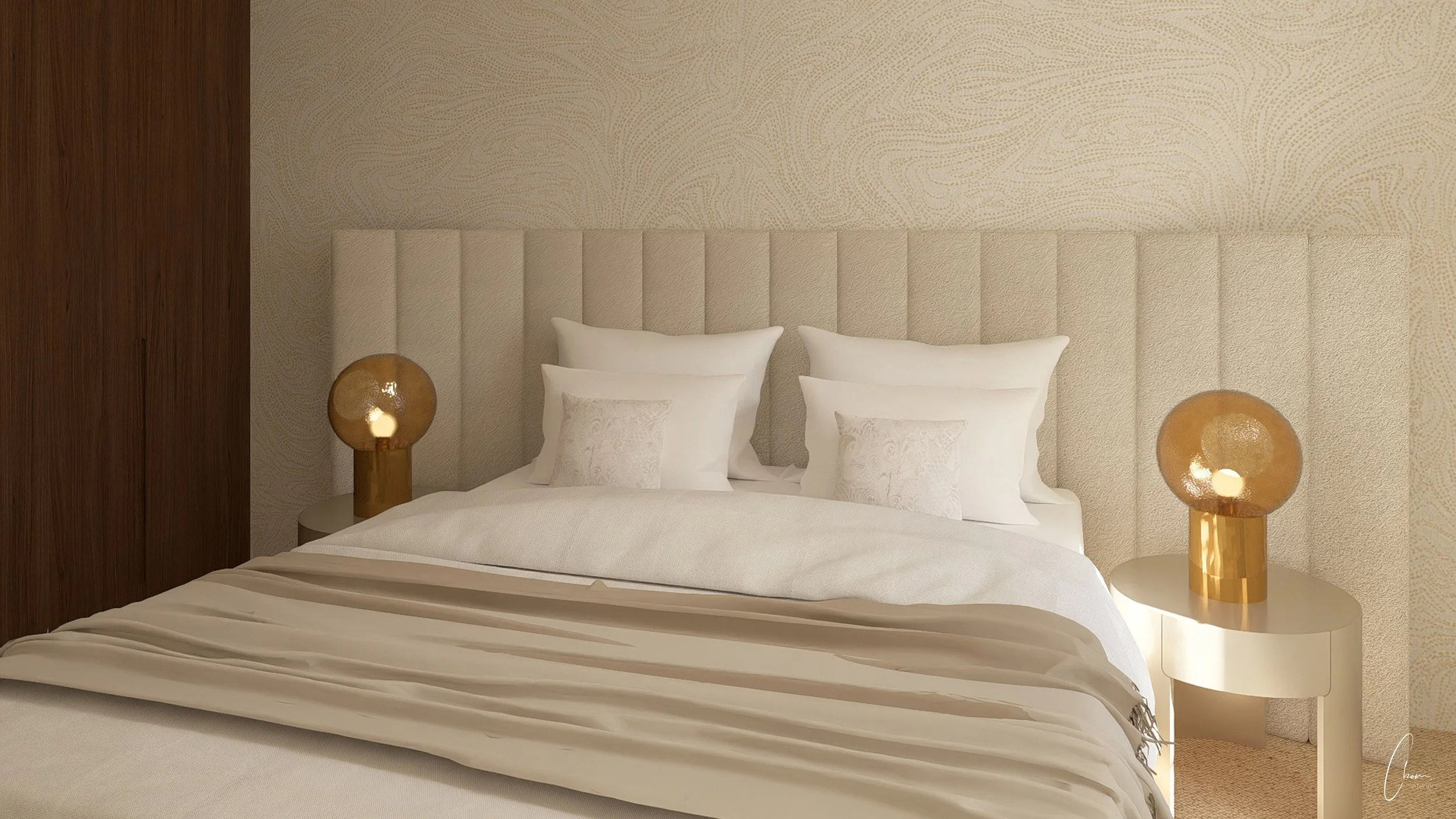 Détail de la chambre Gulliver, lampes en verre ambré et tête de lit sur mesure