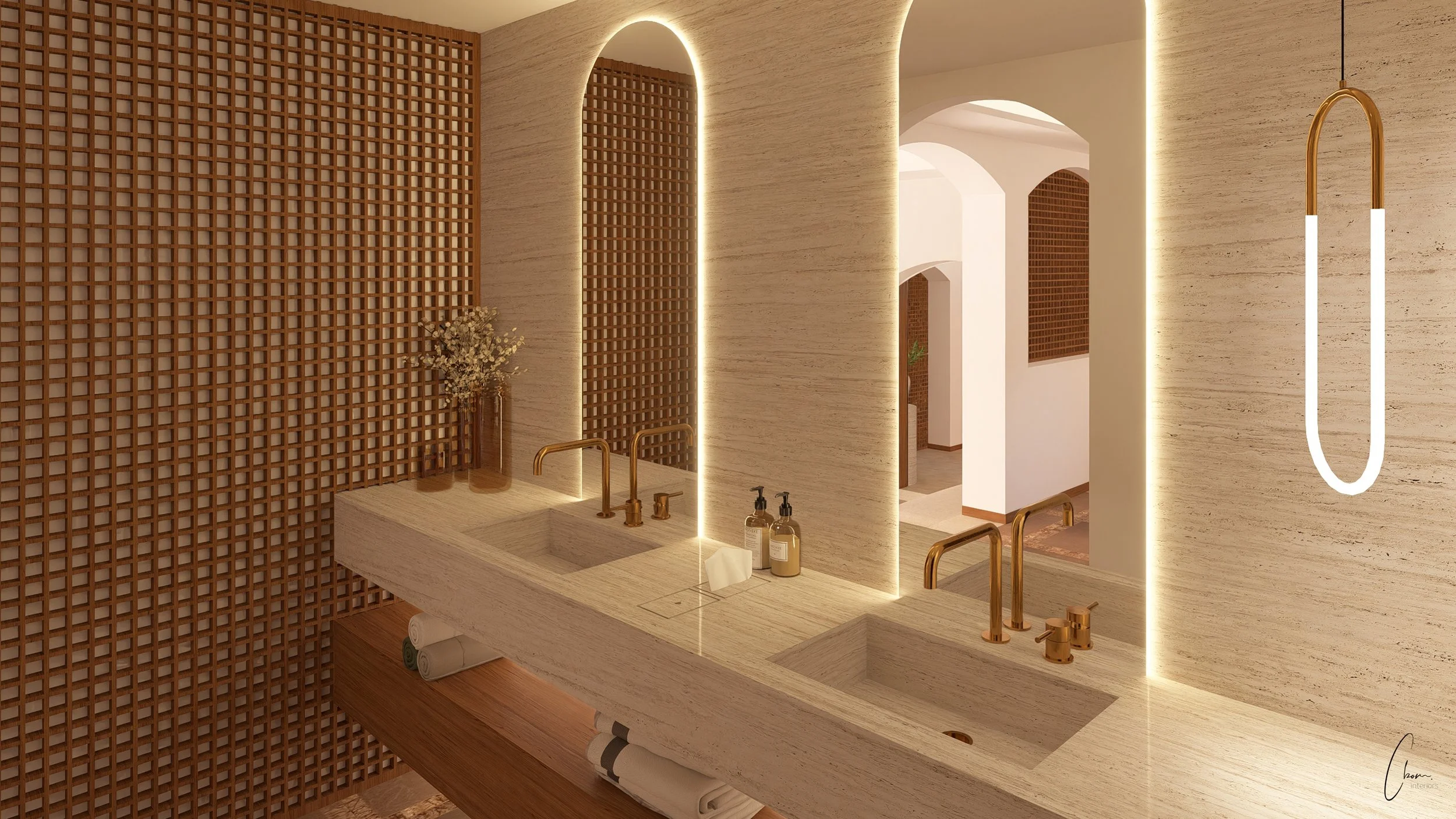 Detail of the stone vanity, 3D design of a bespoke high-end bathroom