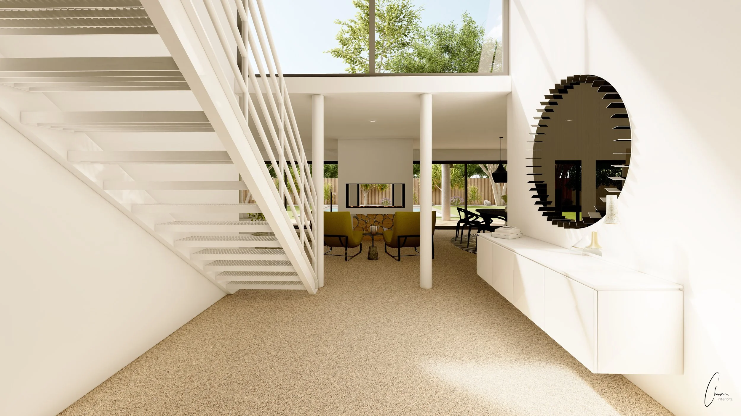 Entrance with openwork staircase and wall-mounted unit open to the living space, interior design of a villa in Caudéran