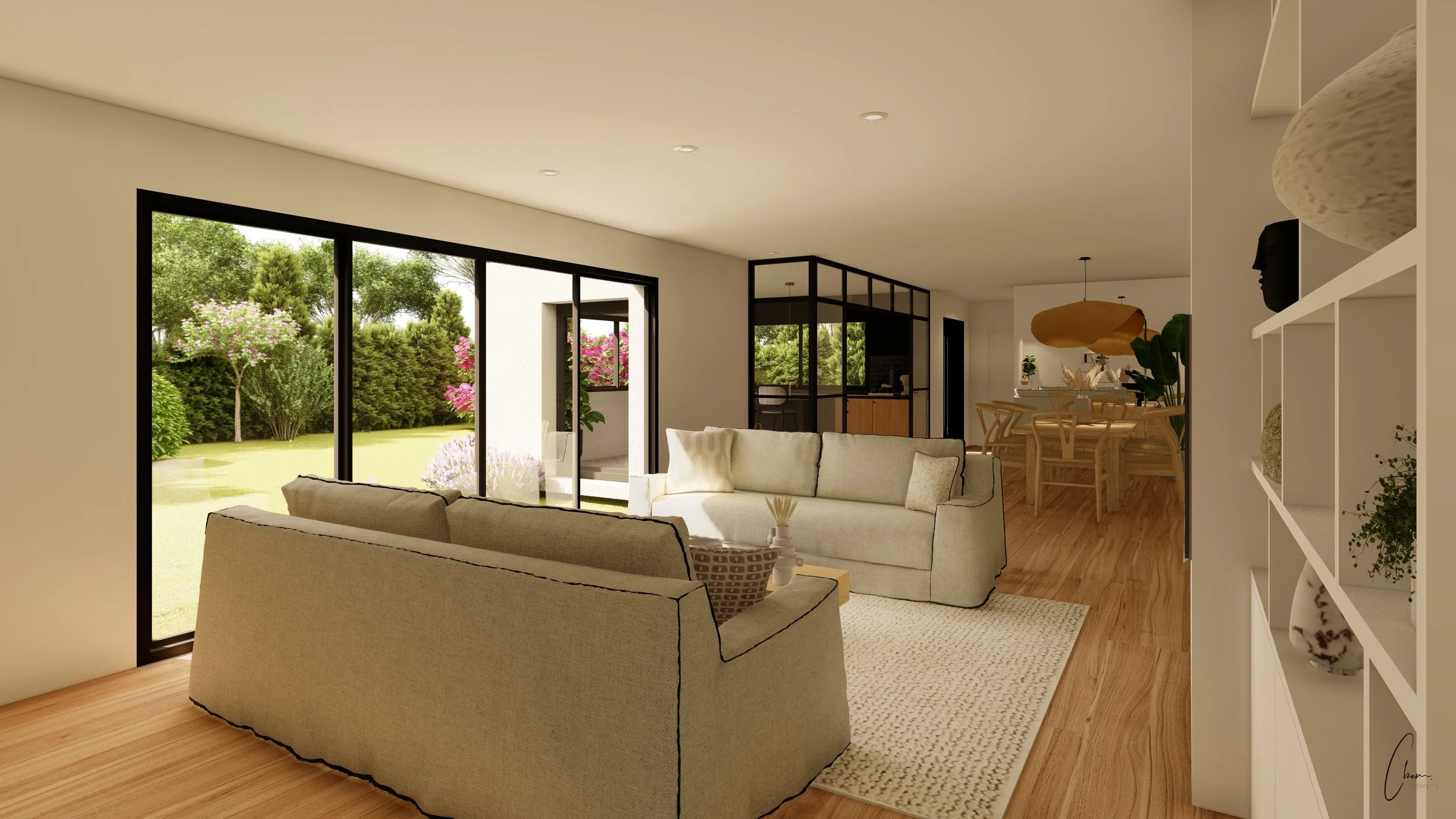 Cosy seating area in light tones open to the garden, interior design of a Bordeaux home