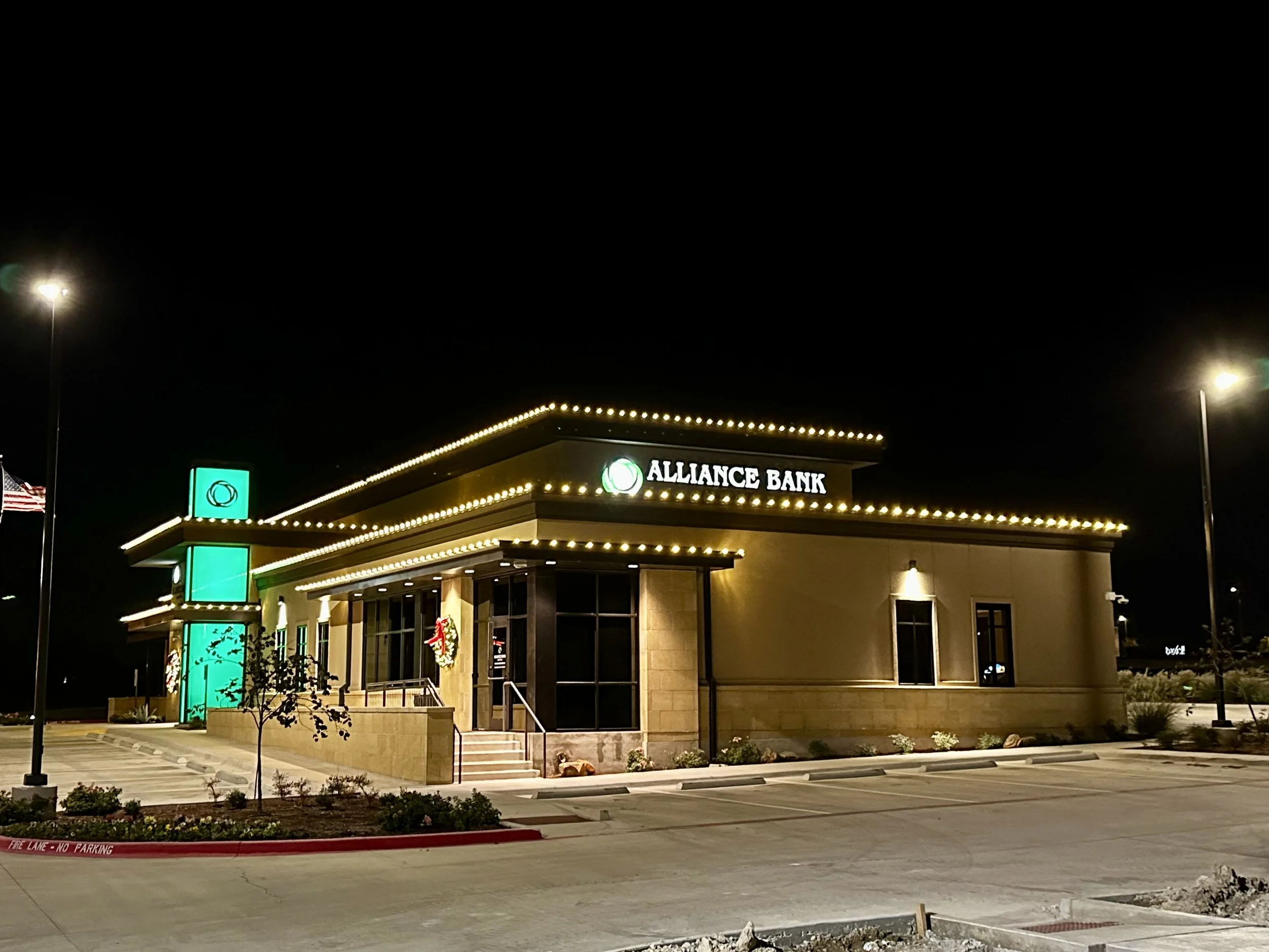 Christmas lights on commercial property bank in Killeen Texas