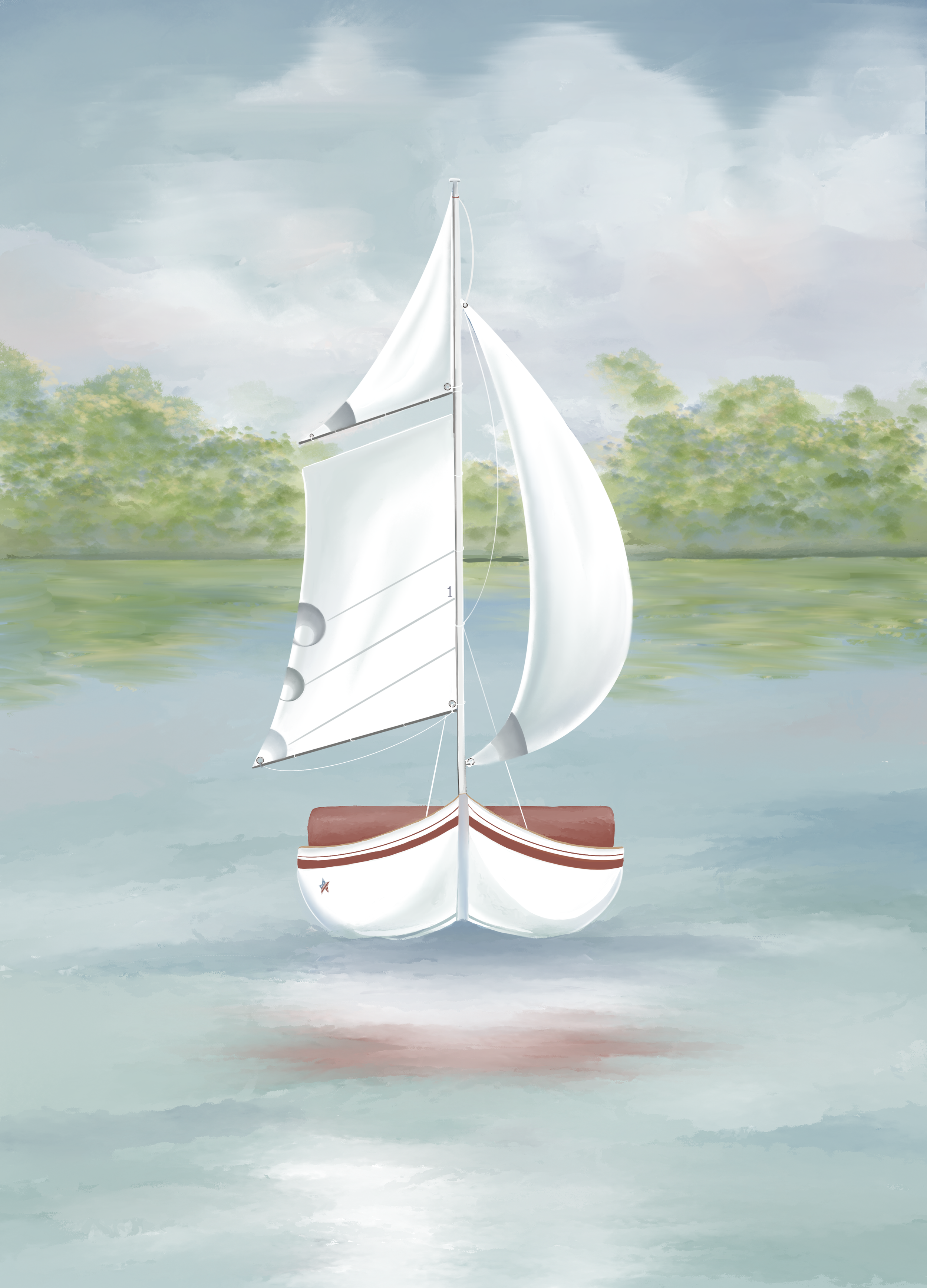 Red White and Summer Blue Sailboat