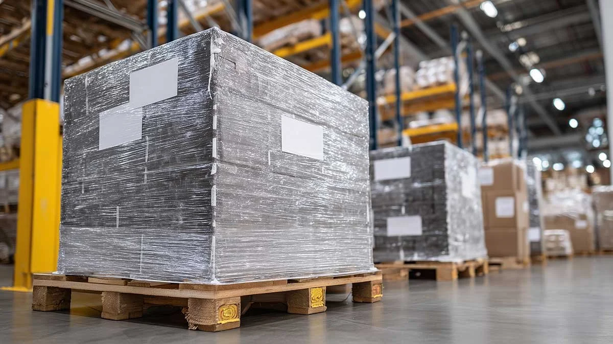A skid loaded with wrapped products