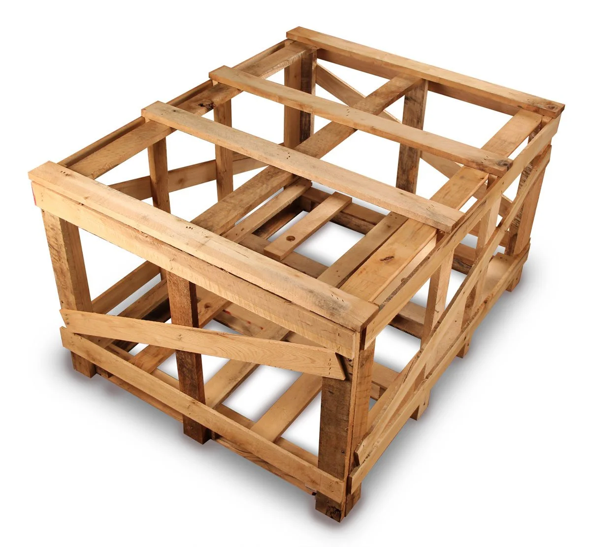 Wooden shipping crate made from rough timber slats, designed for transporting and protecting large goods.