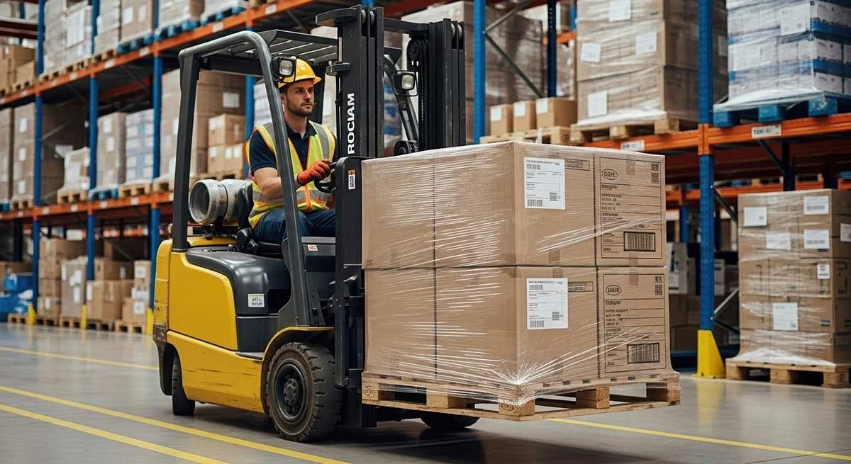 A worker on a forklift moving wrapped boxes on a pallet