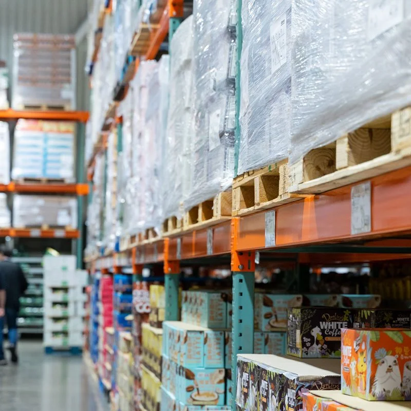consumer products on warehouse stacks