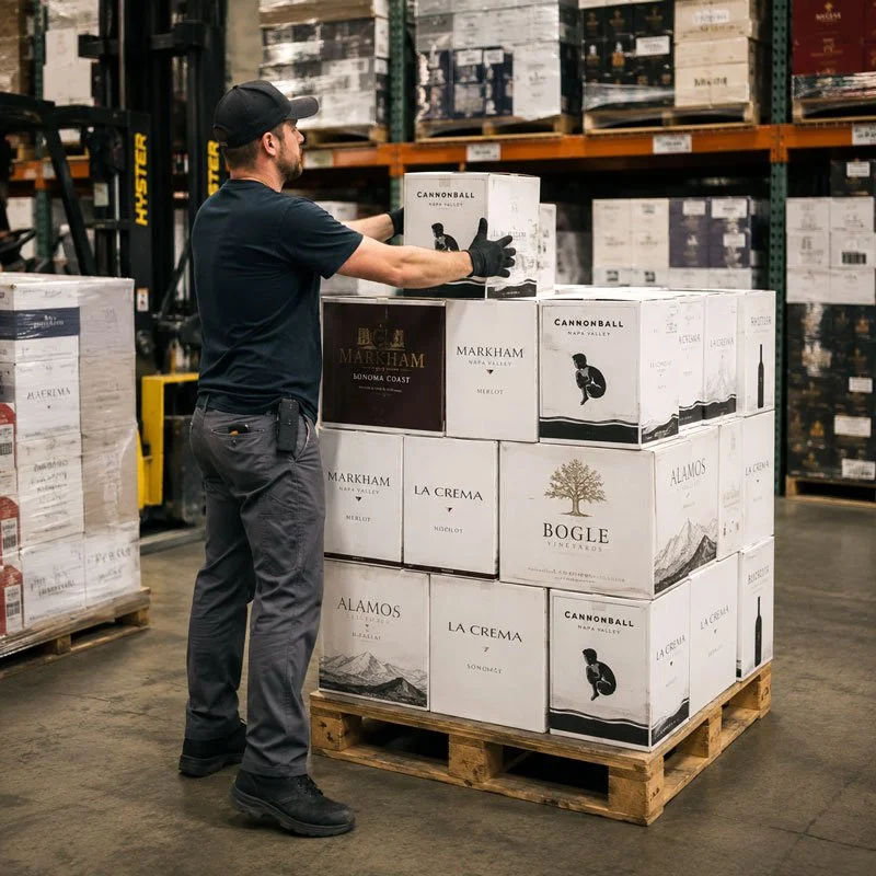 man stacking a wine case on a stack of wine boxes sitting on a wood pallet in a warehouse