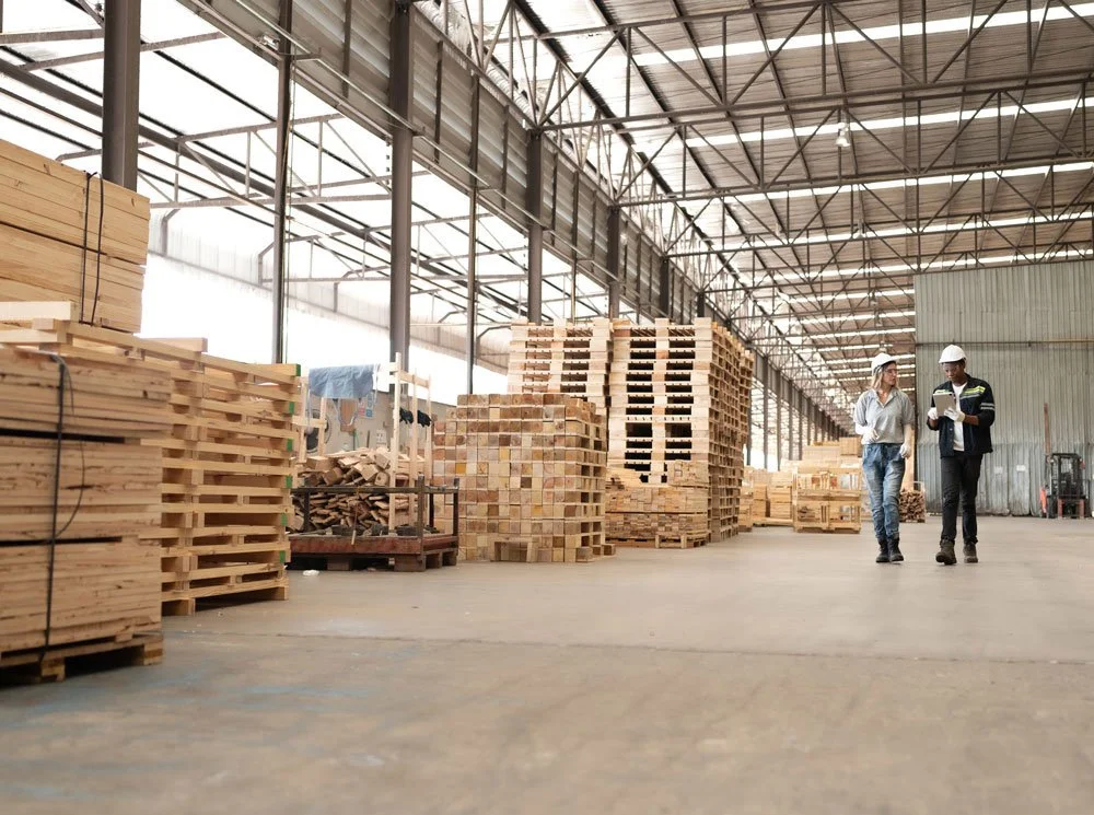 Two workers reviwing a clipboard inside a pallet warehouse