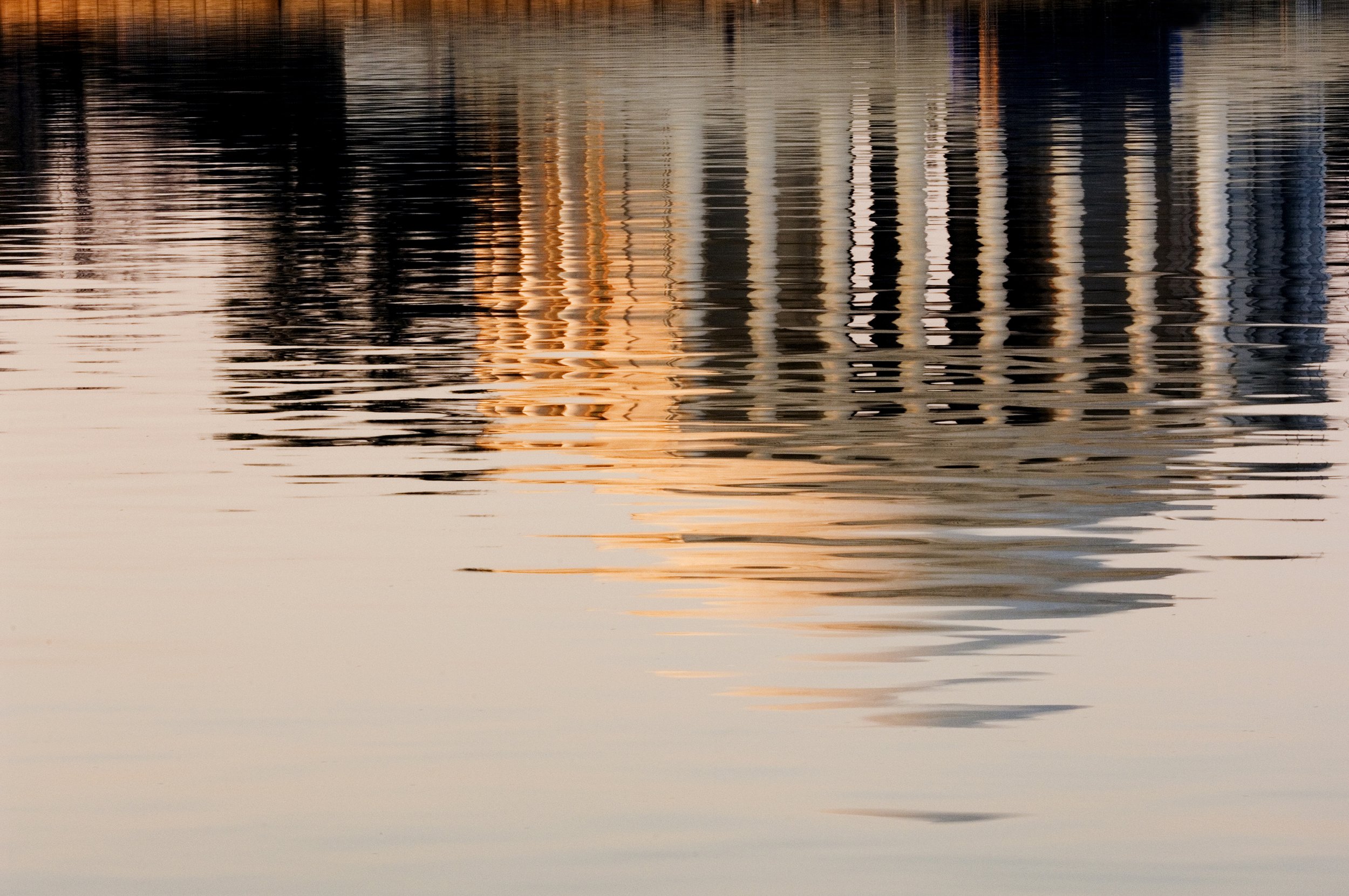 A sunrise rippled reflection of the Jefferson Memorial in the tidal basin in Washington DC.