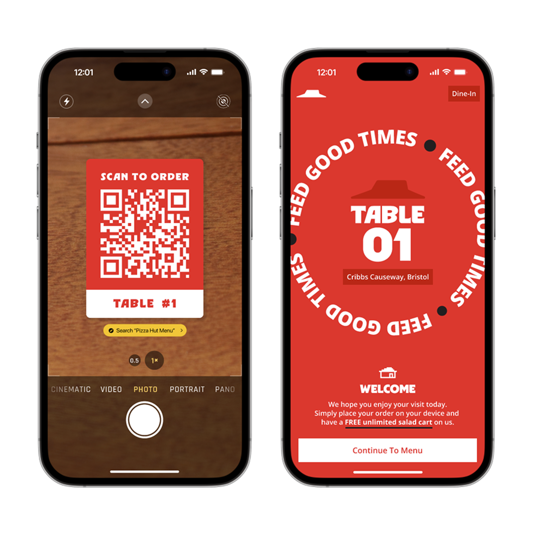 Two smartphones displaying restaurant table management screens. The left phone shows a QR code for ordering at table 1 with a wood tabletop background. The right phone shows a digital menu interface for table 1 at Cribbs Causeway, Bristol, with options to continue to menu and a message welcoming customers and explaining ordering via device.
