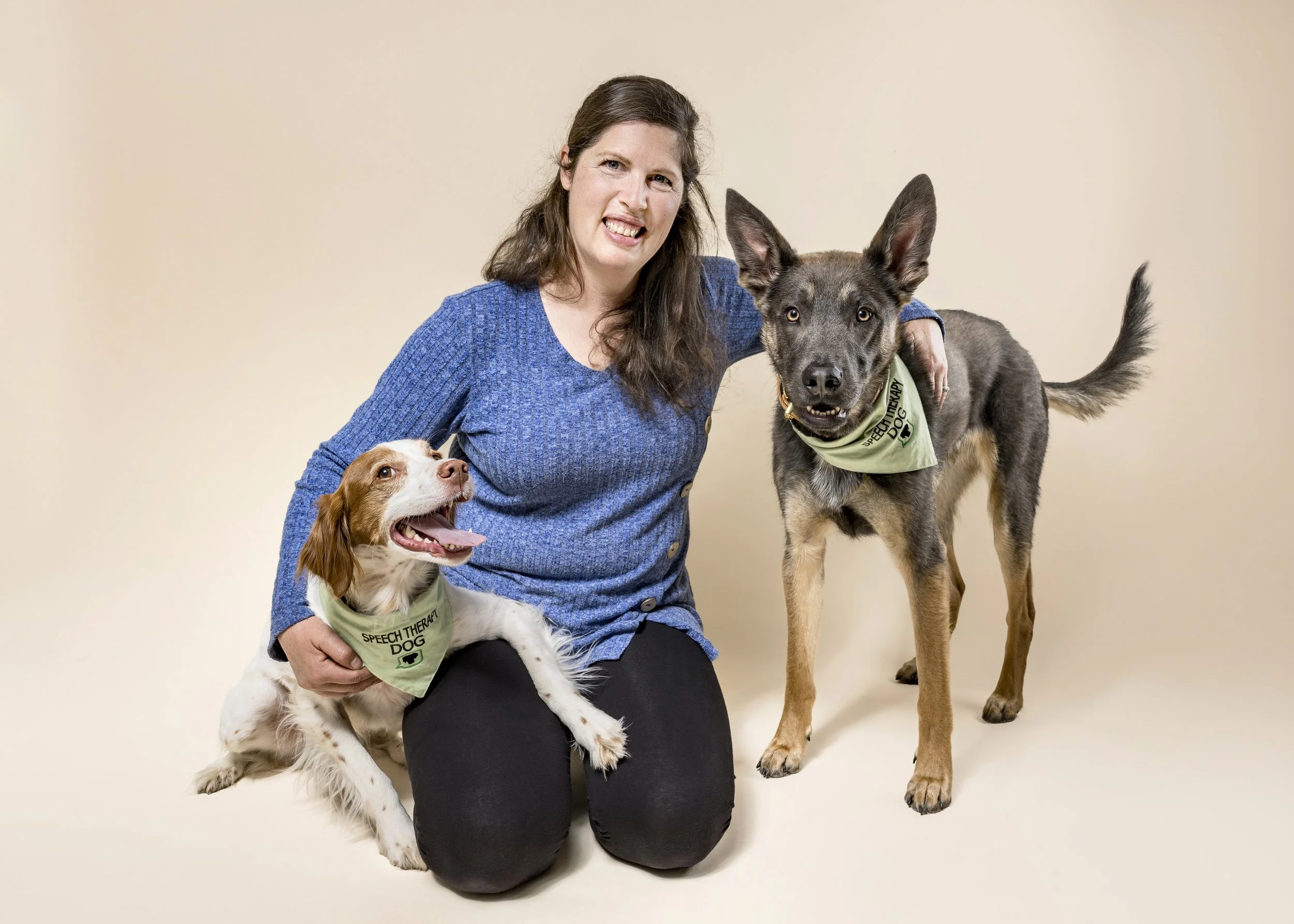 Speech therapy dogs Sky and Zephyr with Sharlet.