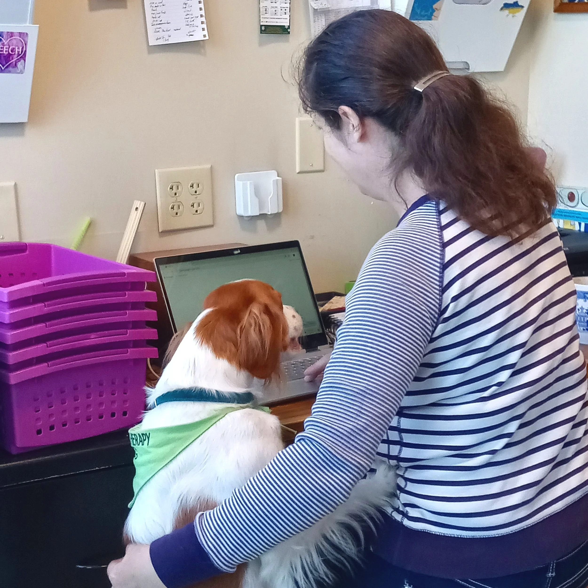 Speech therapy dog Sky supports Sharlet at computer between animal-assisted therapy sessions.
