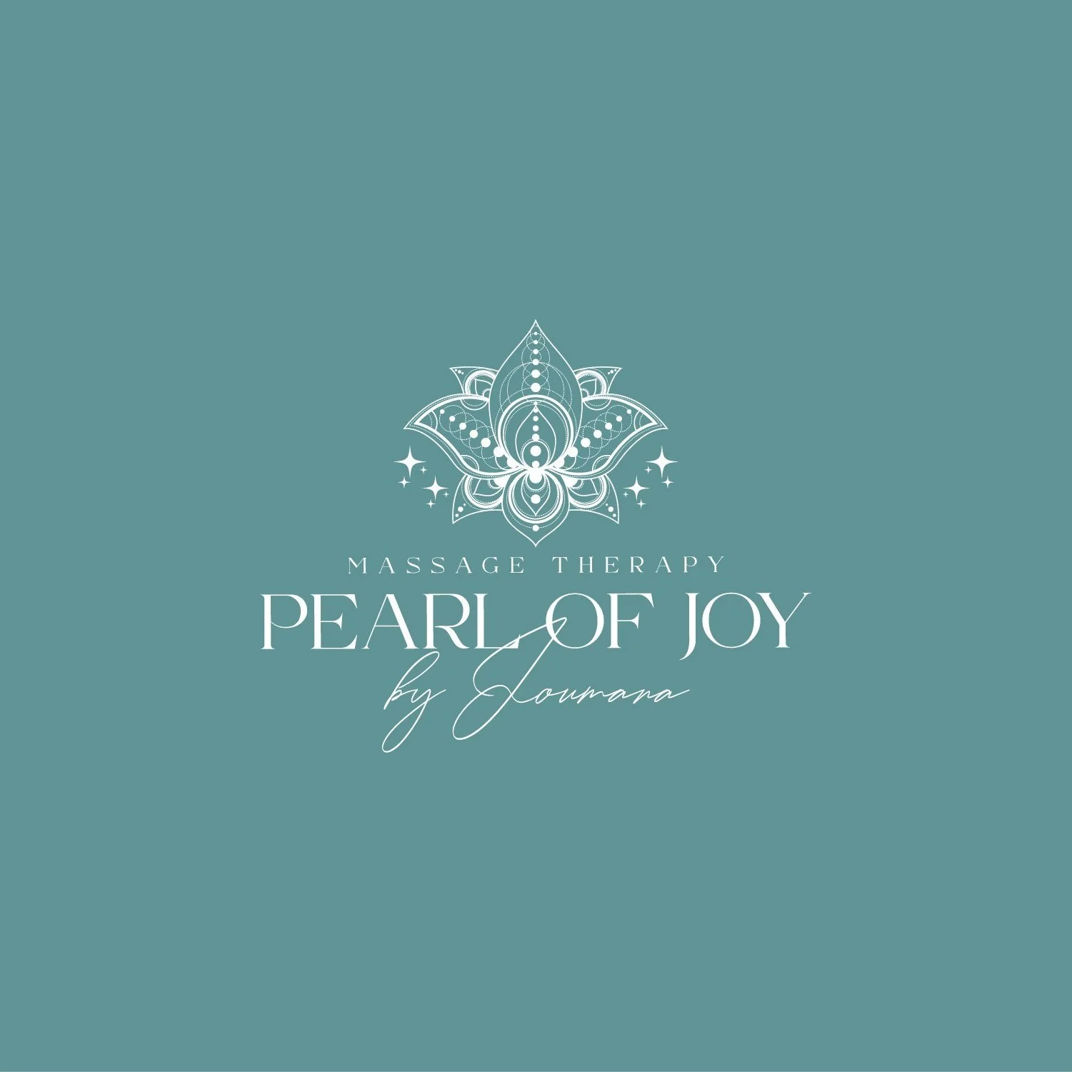 Logo for Pearl of Joy massage therapy featuring a white decorative lotus flower and stars on a teal background, with the text "Massage Therapy Pearl of Joy by Jounara."