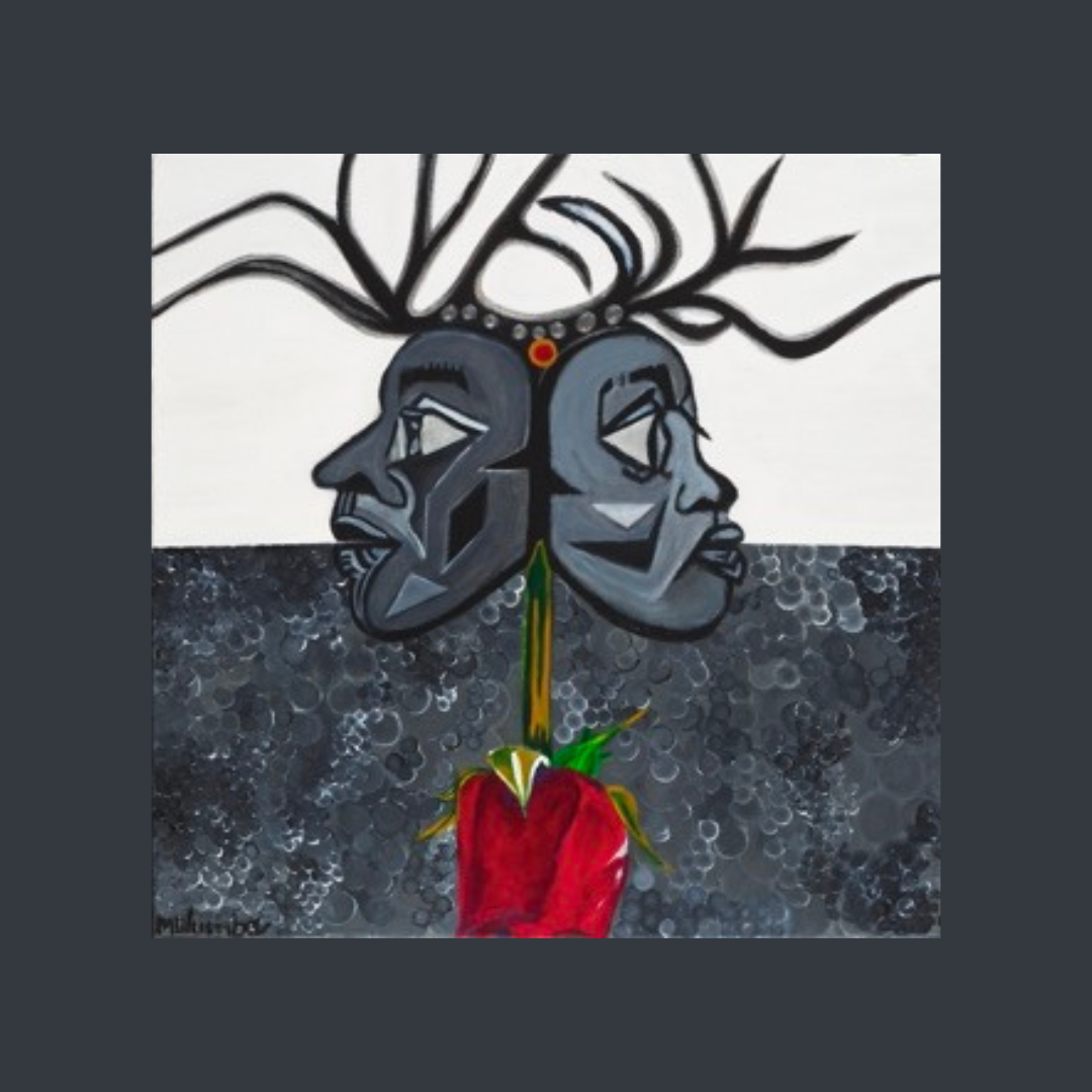 Artwork depicting two human faces with abstract features, interconnected by a tree-like structure with branches emerging from the top, and a red pepper hanging below them. The background is divided into white and dark textured areas.