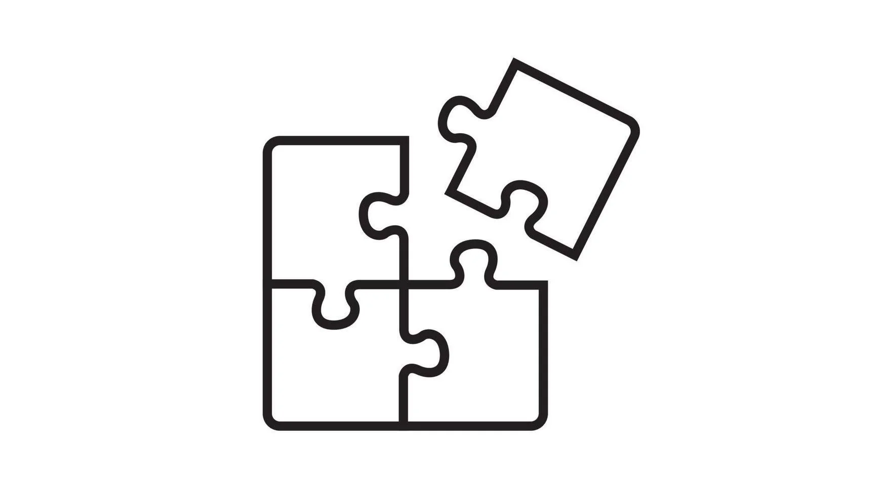 Outline drawing of five interlocking puzzle pieces, with one piece appearing to be in the process of fitting into the others.