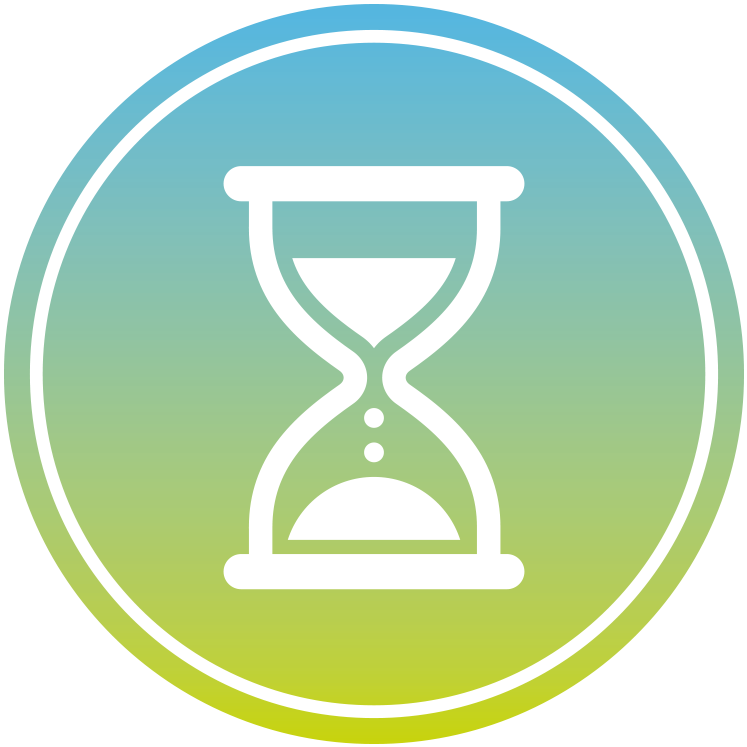 Icon of an hourglass with sand flowing from top to bottom, enclosed in a circular border with a gradient background.