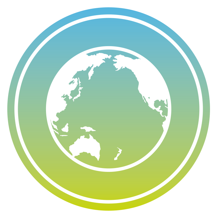 Stylized globe with continents depicted inside a circular gradient background transitioning from blue at the top to green at the bottom.
