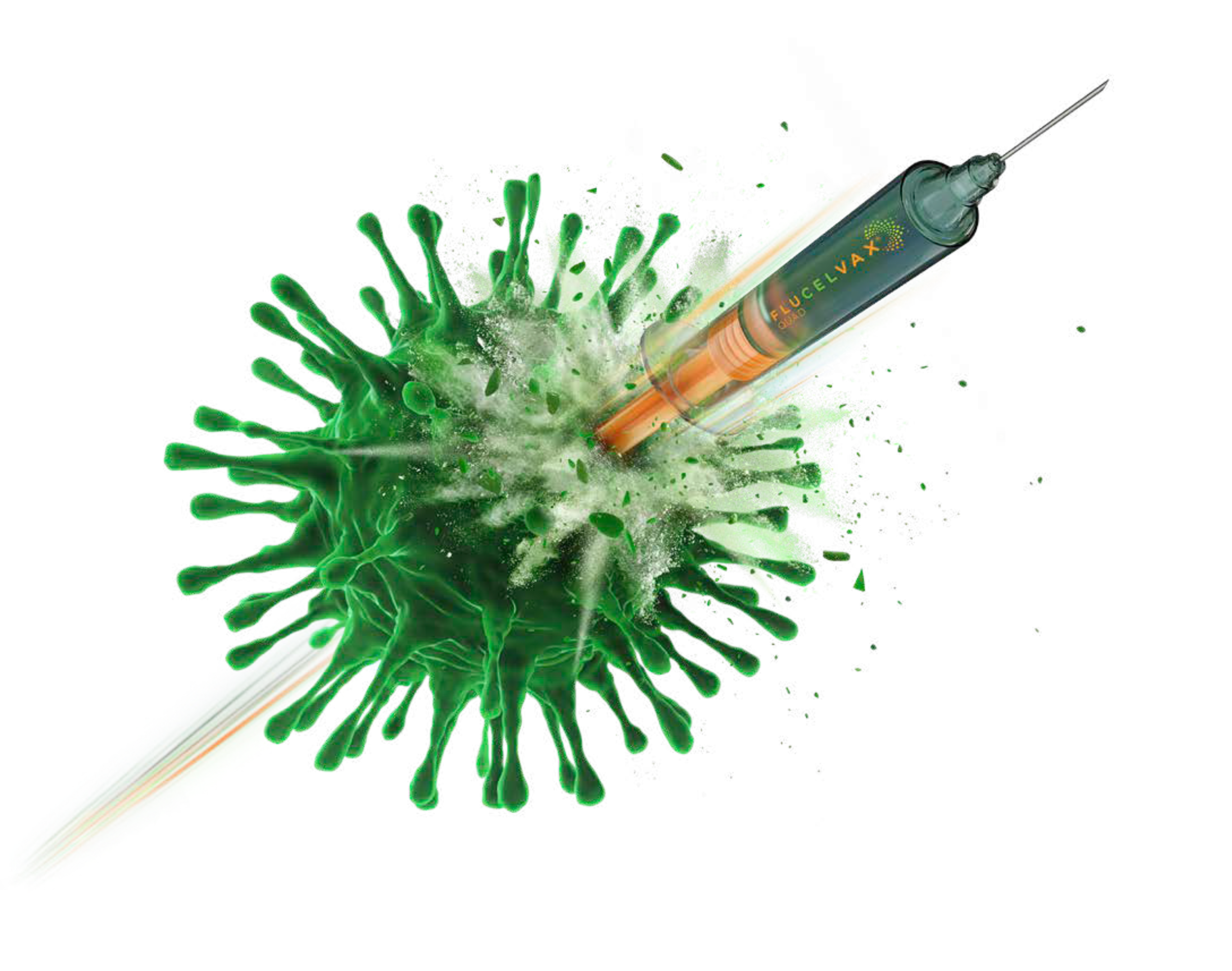 Illustration of a syringe labeled 'FLUCELVAX' piercing a green virus or bacteria, killing the flu virus
