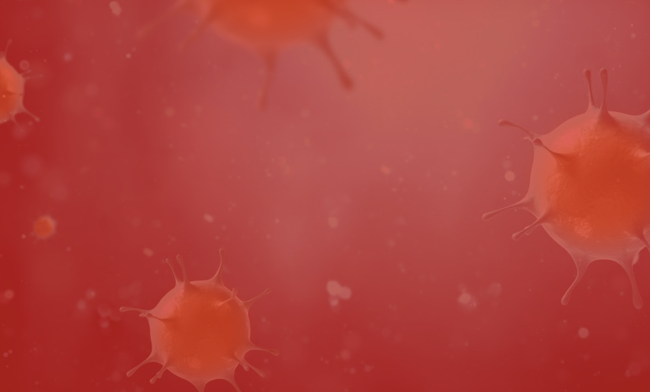 Illustration of virus particles floating in a pink-red background.