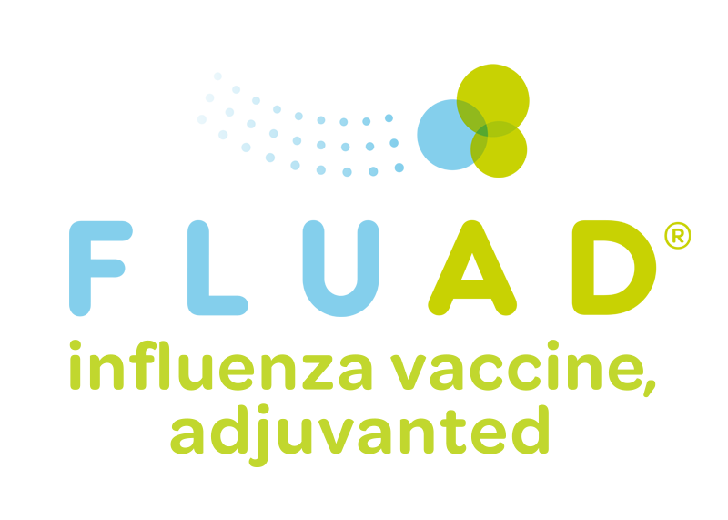 Logo for FLUAD influenza vaccine with blue and green circles and dots, and text in blue and lime green.