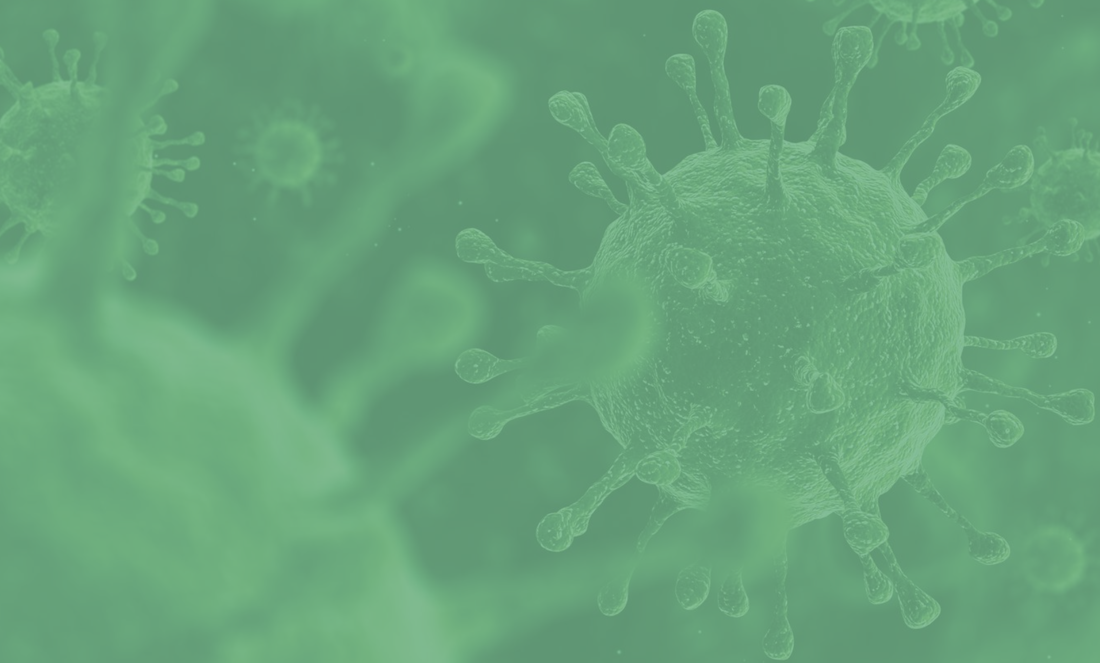 Green-tinted digital illustration of a virus particle with protruding spike proteins.