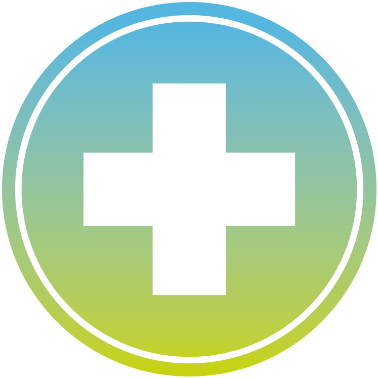 Icon of a white medical cross inside a circle, set against a gradient background transitioning from blue at the top to green at the bottom.
