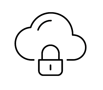 Outline of a cloud with a padlock symbol in the center, representing cloud security or data protection.