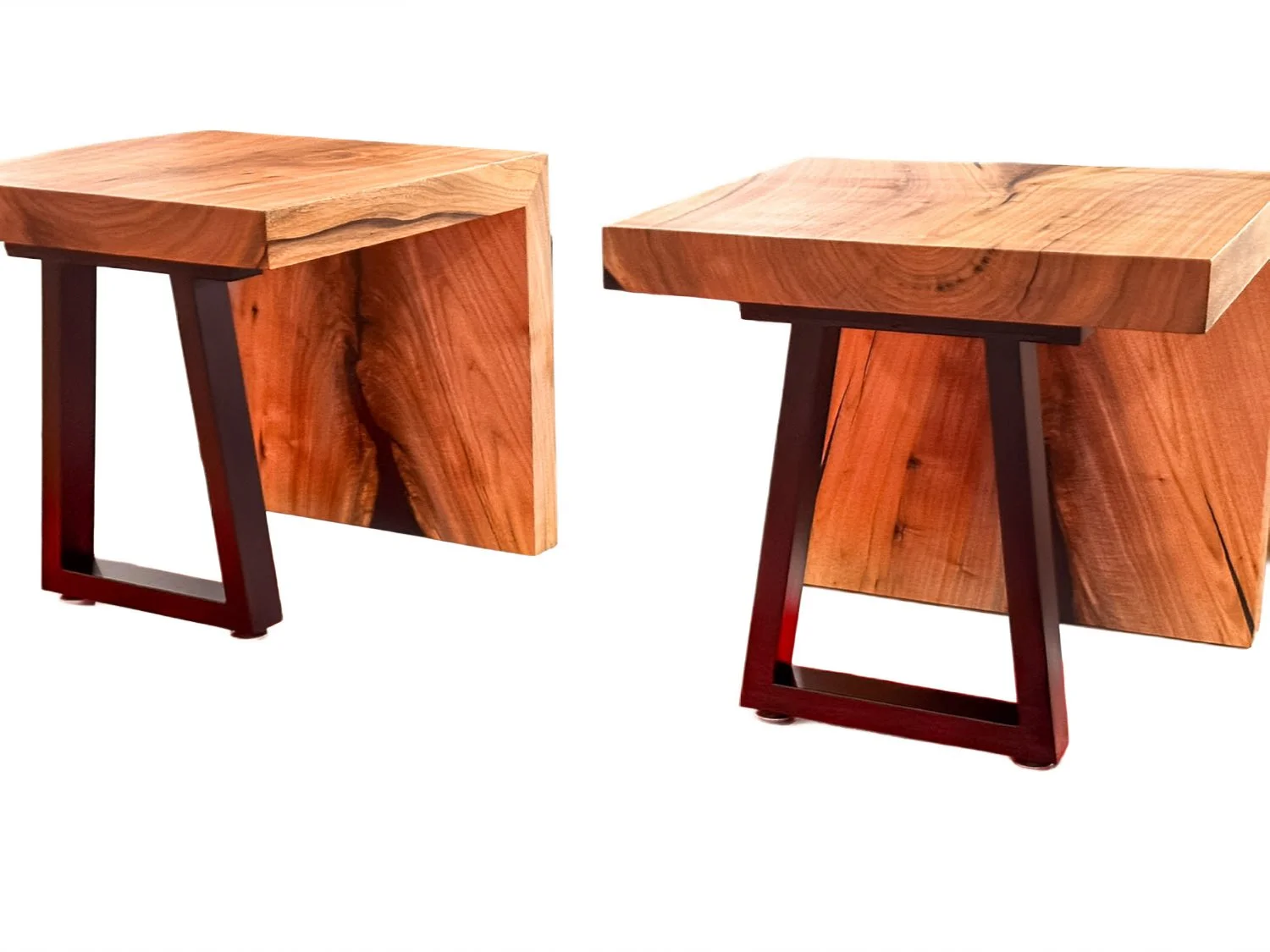 Two wooden side tables with metal legs, each with a rectangular top and matching rectangular back panel.
