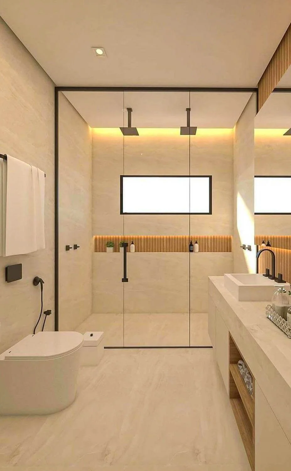 Modern bathroom with a walk-in shower featuring a glass enclosure, two rainfall showerheads, and a horizontal window. Off to the side, there's a sleek toilet and a white vanity with a rectangular sink, black fixtures, and a mirror. The bathroom has n