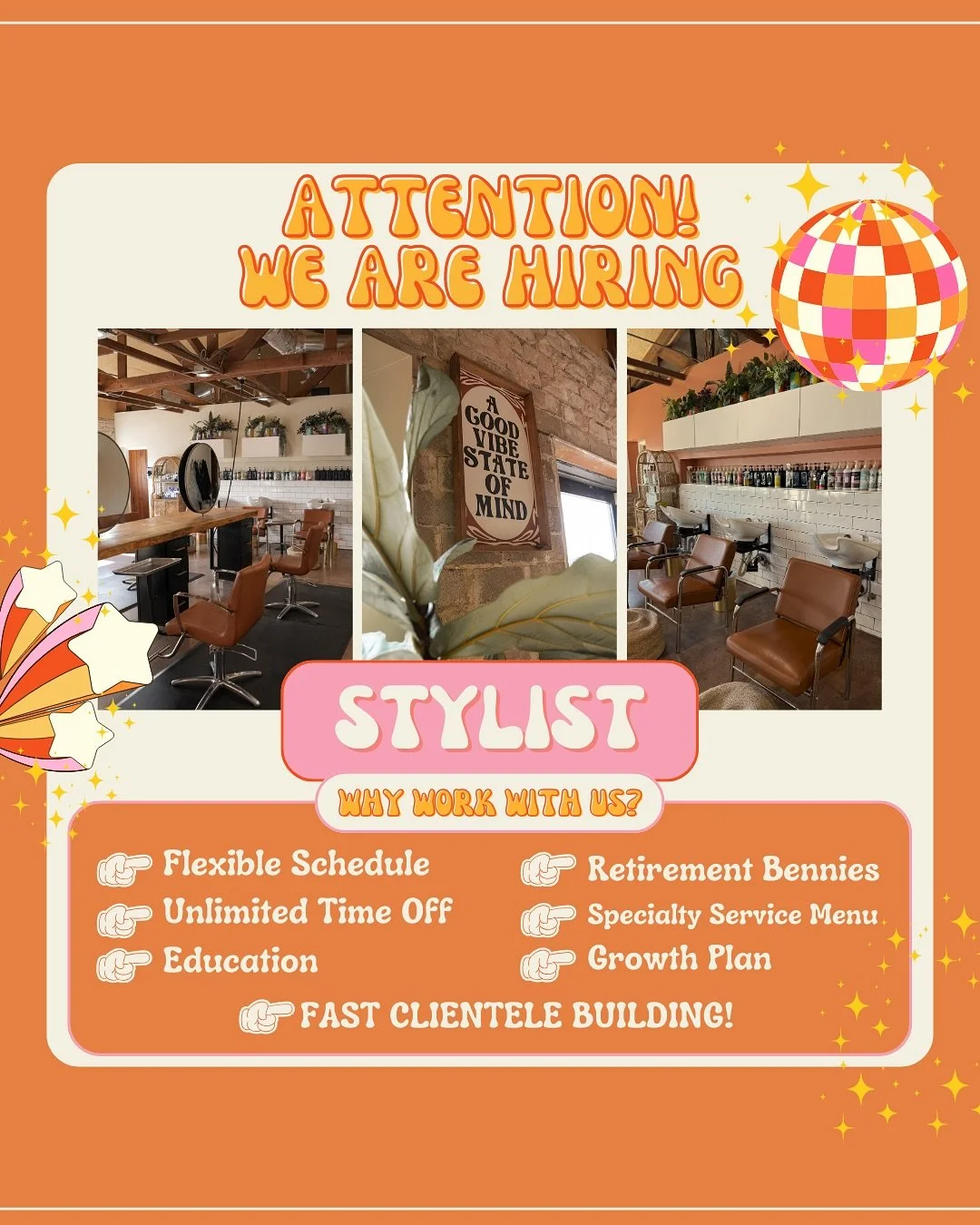 Currently Hiring for ALL POSITIONS 

Stylists!
-Full Time and Part Time Positions
-Short Saturdays
-Inclusive Environment
-Support Staff
-Structured Growth Plan
-Education Opportunities

Co-Stylists!
-Structured Education Program
-Team Environment 
-