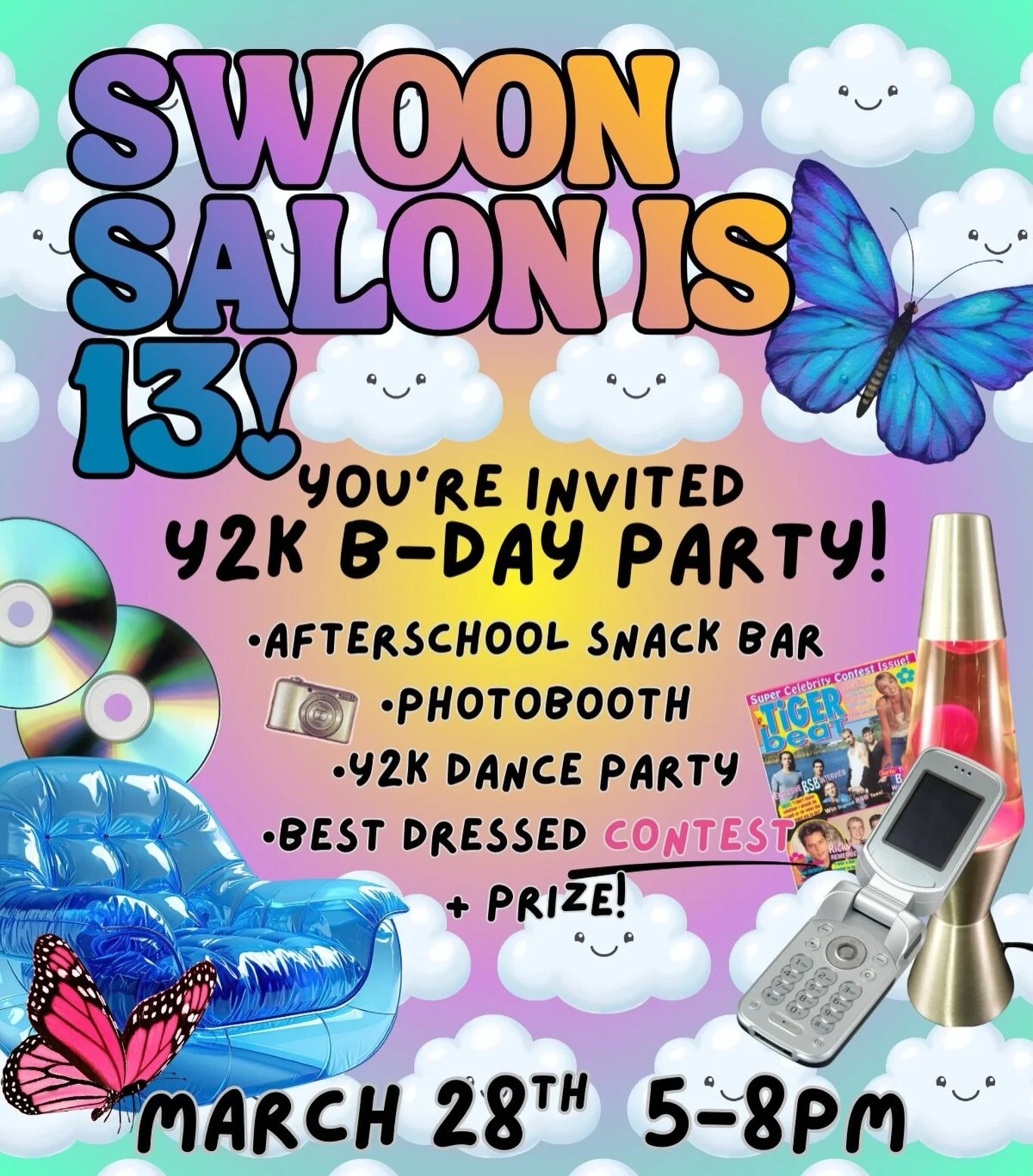 ✨ Swoon Salon is turning 13!! ✨

So obviously we&rsquo;re throwing a Y2K birthday party.

Think inflatable furniture, Tiger Beat posters, BSB, butterfly clips, and SO MUCH nostalgia. Plus 20% off all R+Co, RAFFLES and GIVEAWAYS

📅 March 28
⏰ 5&ndash