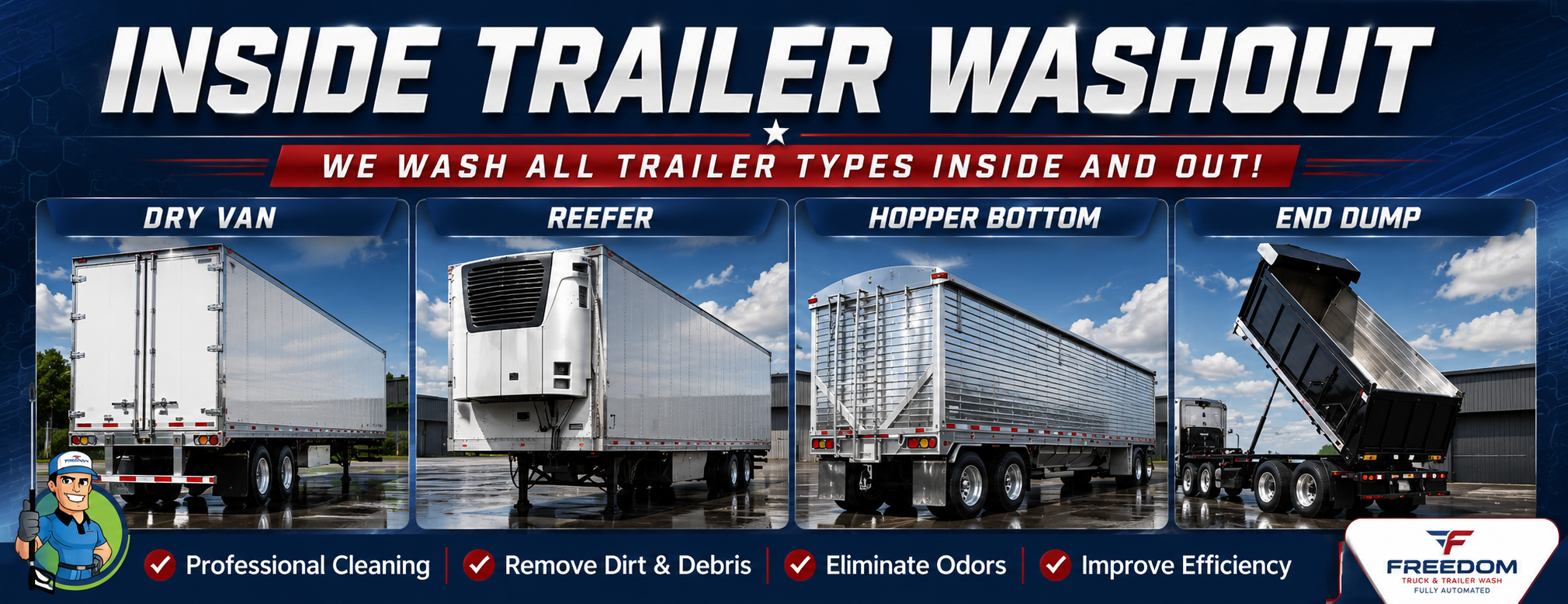 Inside trailer washout at Freedom Truck and Trailer Wash in Waterloo, Iowa for dry vans, reefer trailers, hopper bottoms and end dump trailers.