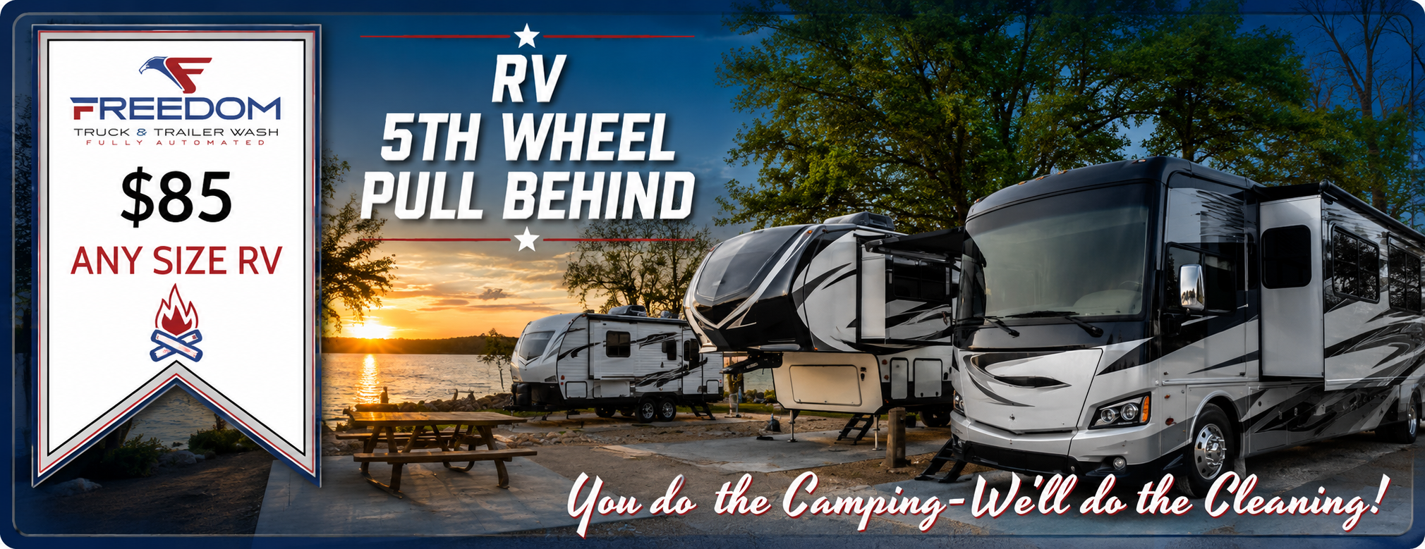 RV, motorhome, 5th wheel and pull-behind camper washing at Freedom Truck and Trailer Wash in Waterloo, Iowa – professional RV washing for any size RV.