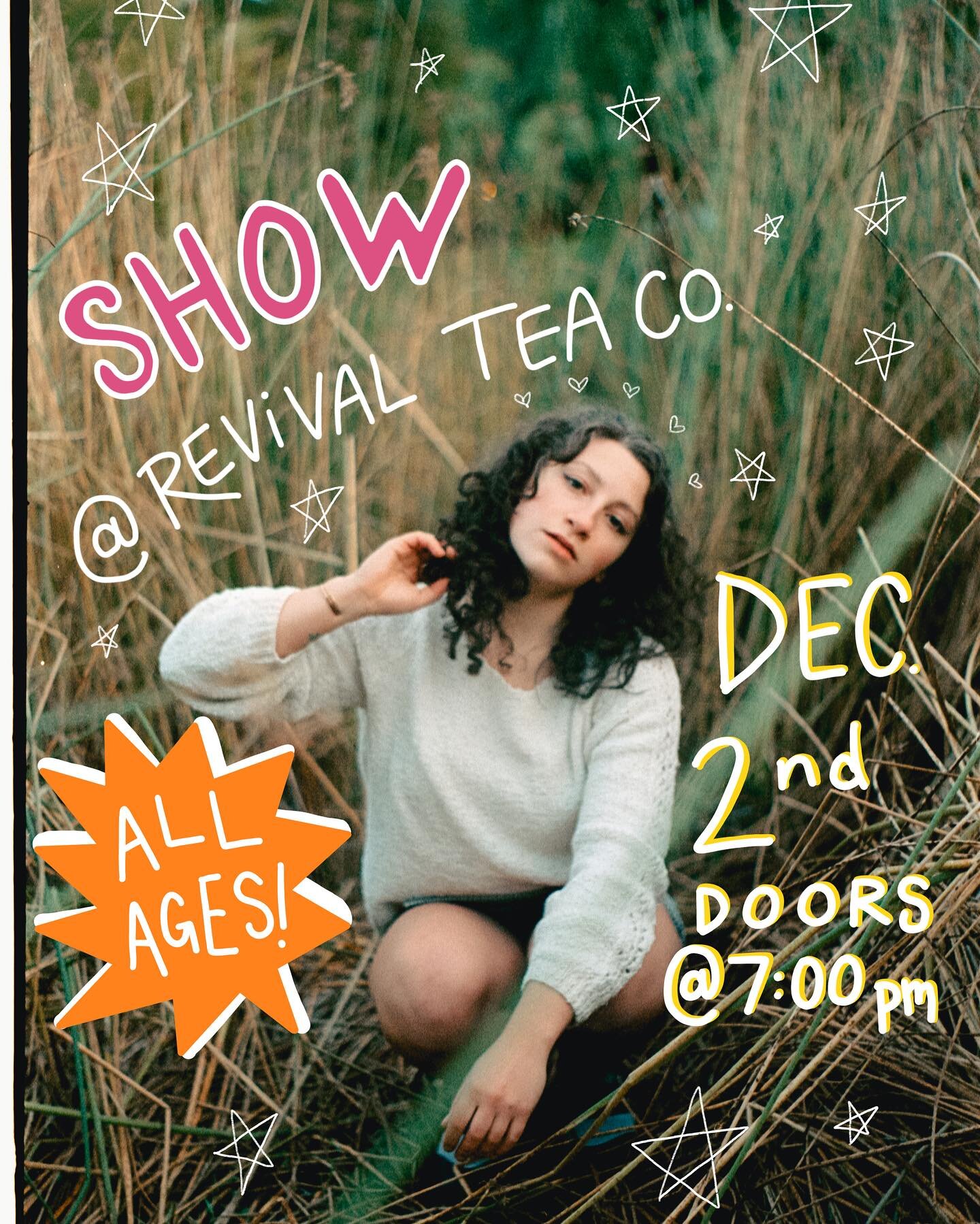 A week and a half away from my show @revivalteacompany hosted by @rosethrow 🫖💛💙
⠀⠀⠀⠀⠀⠀⠀⠀⠀⠀⠀⠀
Some important details:
⭐️Saturday, December 2nd, doors open at 7:00 pm at Revival Tea downtown
✨ ALL AGES!!! There are so few all ages venues in Spokane!