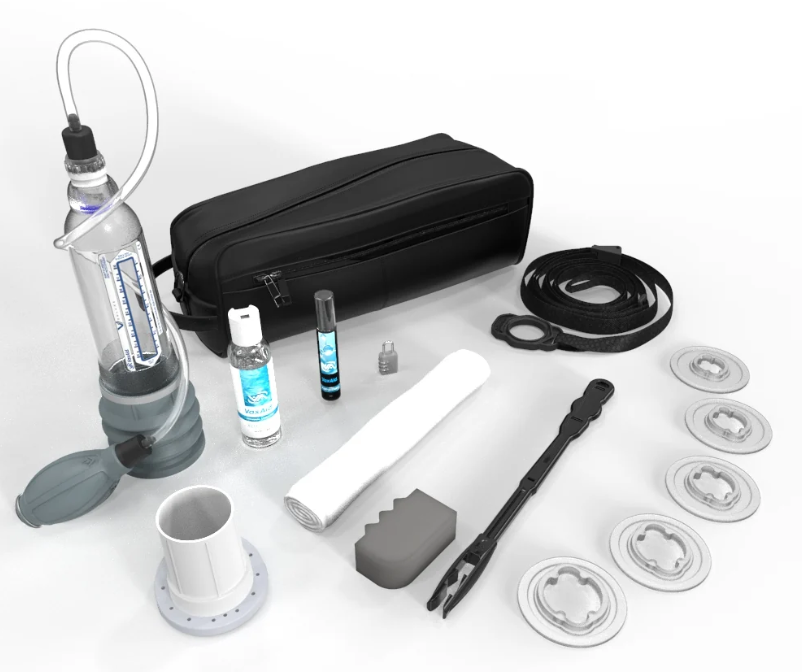 The VaxAid Deluxe pump kit laid out with its constriction rings, hose attachment and travel case