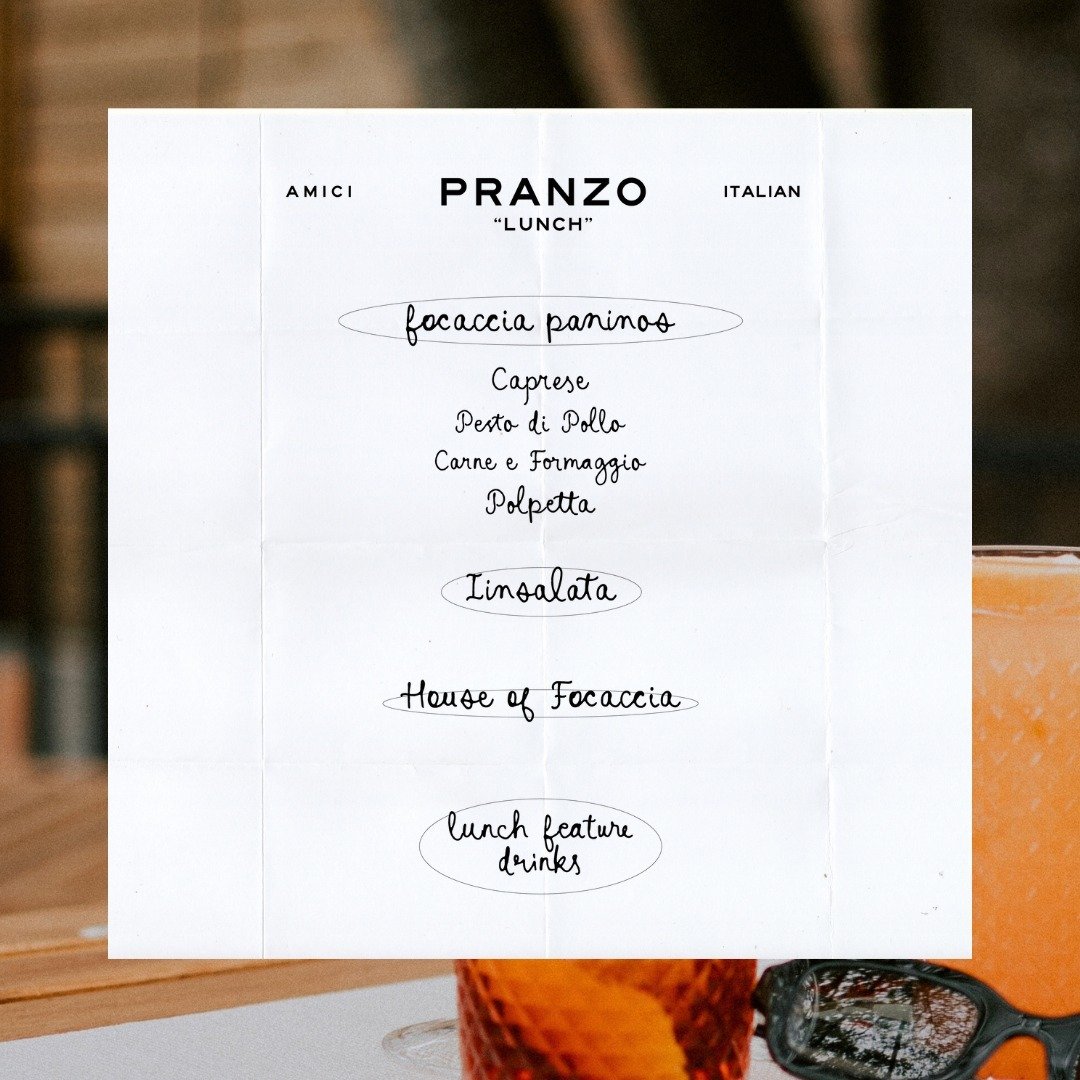 Ciao Amici! 👋 Starting today at Noon, we are previewing our first PRANZO &mdash; Lunch by Amici. Featuring Italian Paninos made with House Focaccia and Italian inspired ingredients. ⁠
⁠
We Invite you to come by and try them out, alongside our fresh 
